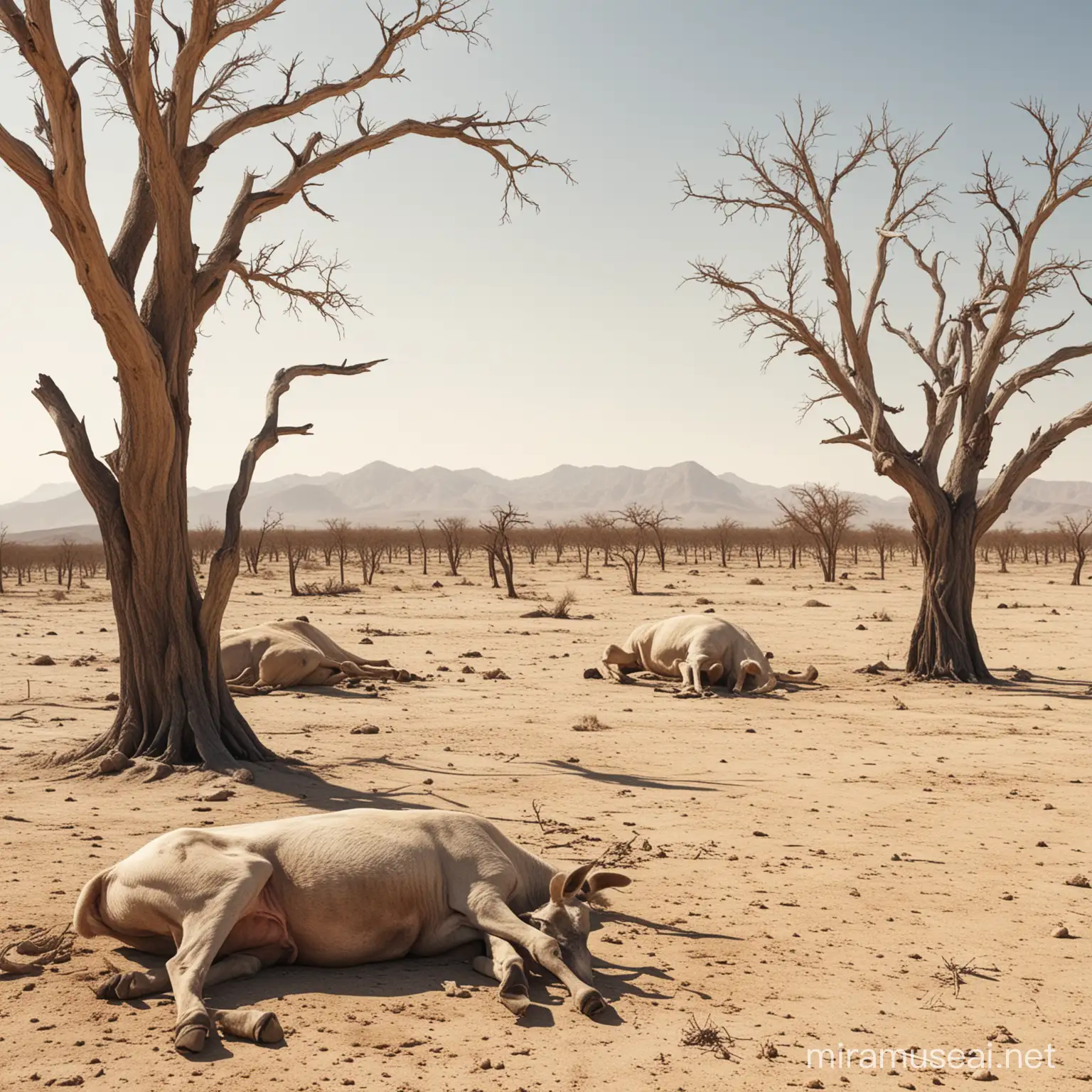 create images of dead livestock, dry trees, desert backgrounds, realistic, detailed, HD quality