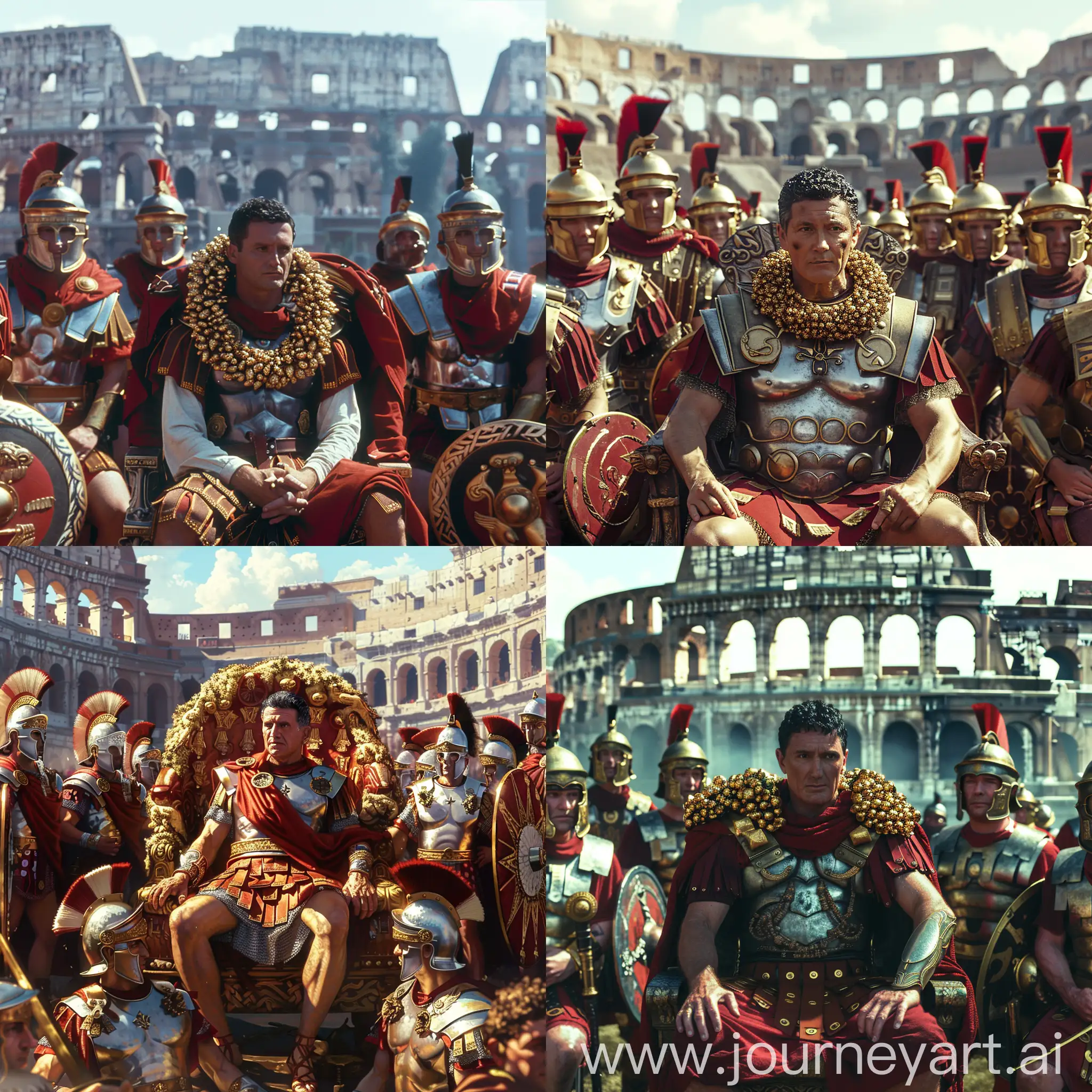 a middle-aged short black hair Cesar in roman golden wreath, in red and sliver armor, he is sitting on his imperial throne in the middle,

other Roman legionaries stand around him, they are in helmets, in red and sliver armor, with shields

they are all before the colosseum of ancient Roman city