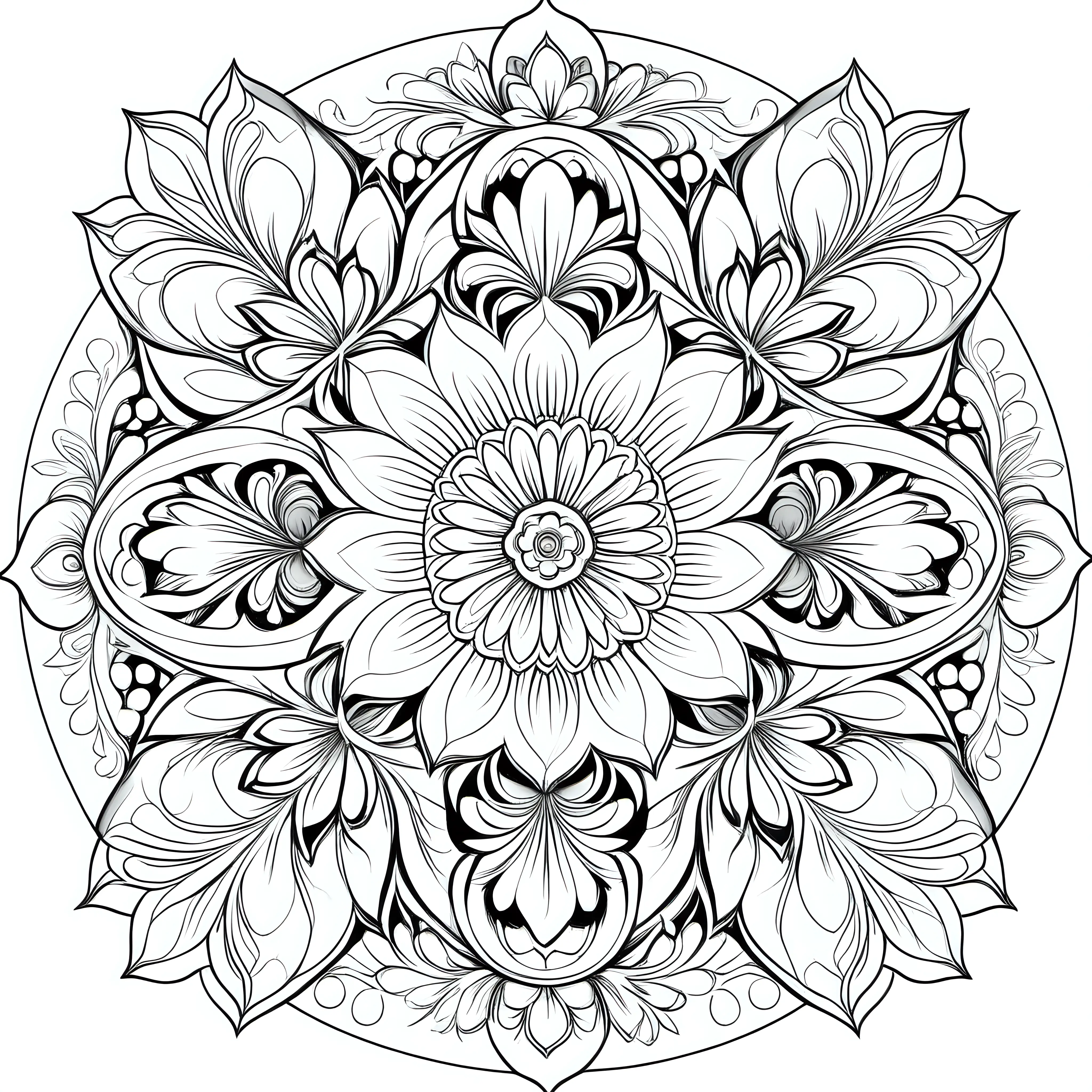 Floral Mandala Coloring Design with Symmetrical Blossoms