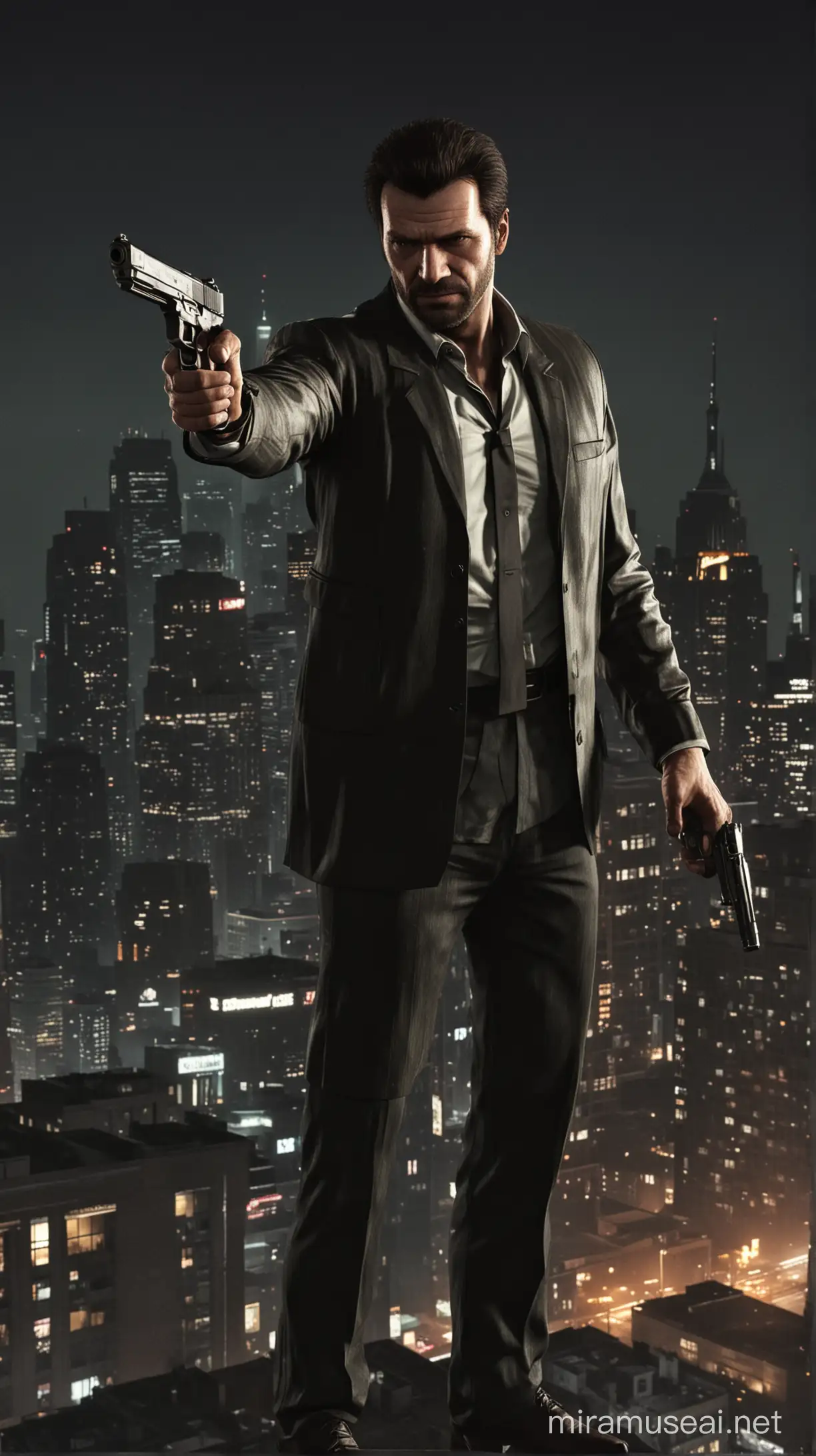 Max payne 3 holding a pistol on a rooftop newyork at night 