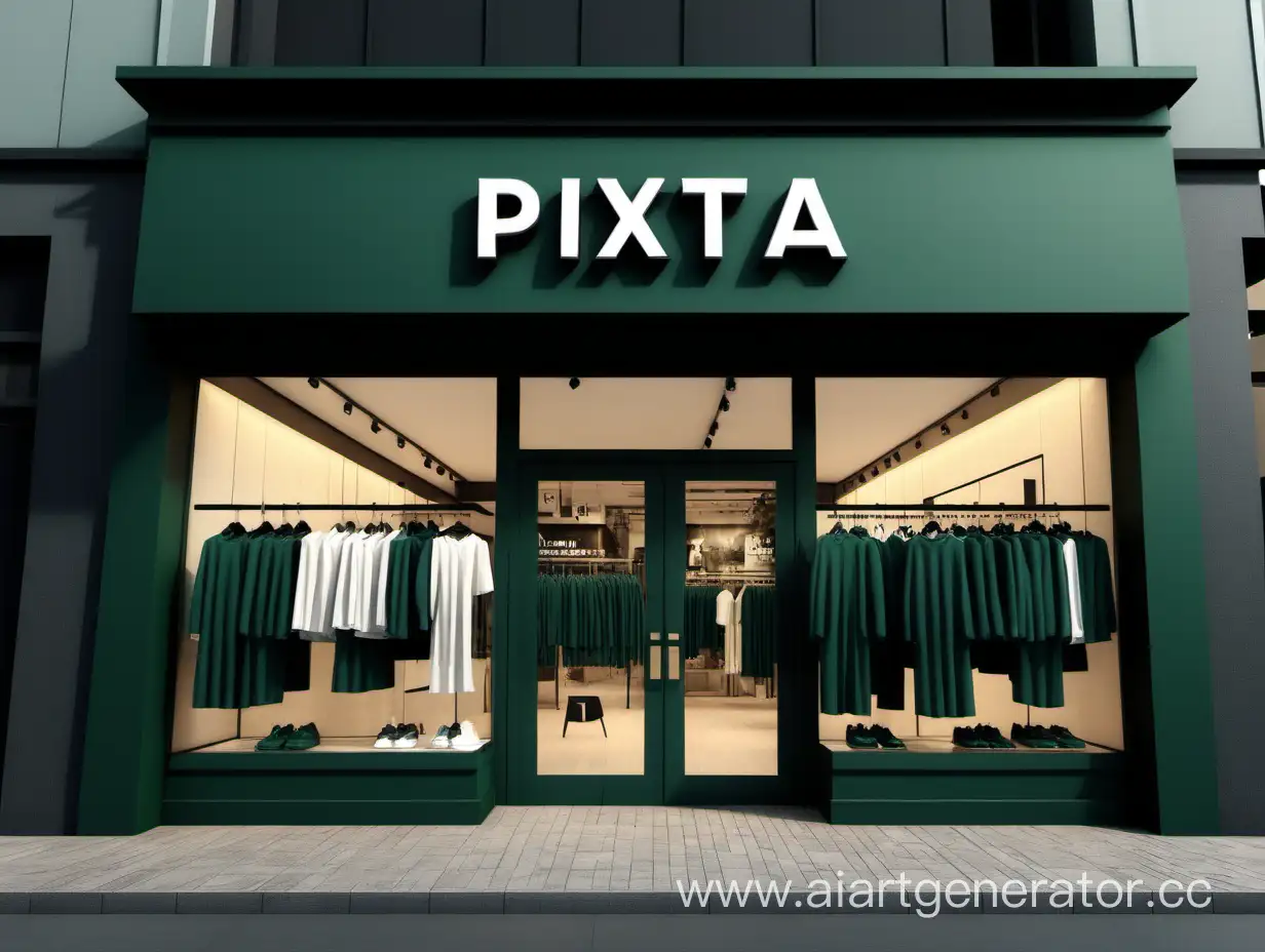 Нарисуй магазин одежды снаружи. Название магазина "PIXTA BRAND". Цвет магазина темно-зеленый.