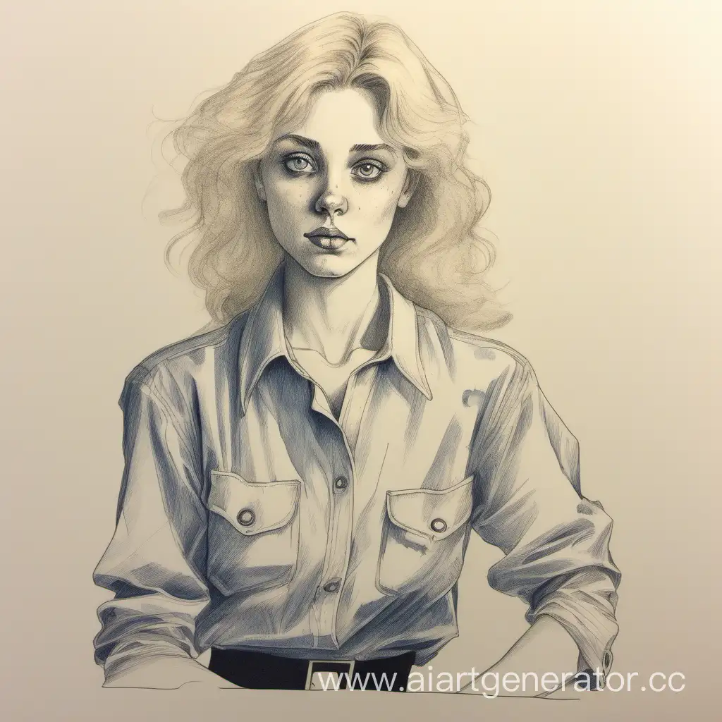 нарисуй девушку в полный рост, англичанку в 1987 годах, с блондинистыми волосами. в руках листок бумаги и перьевая ручка. цвет глаз голубоватый, светлый цвет кожи, небольшие синяки под глазами