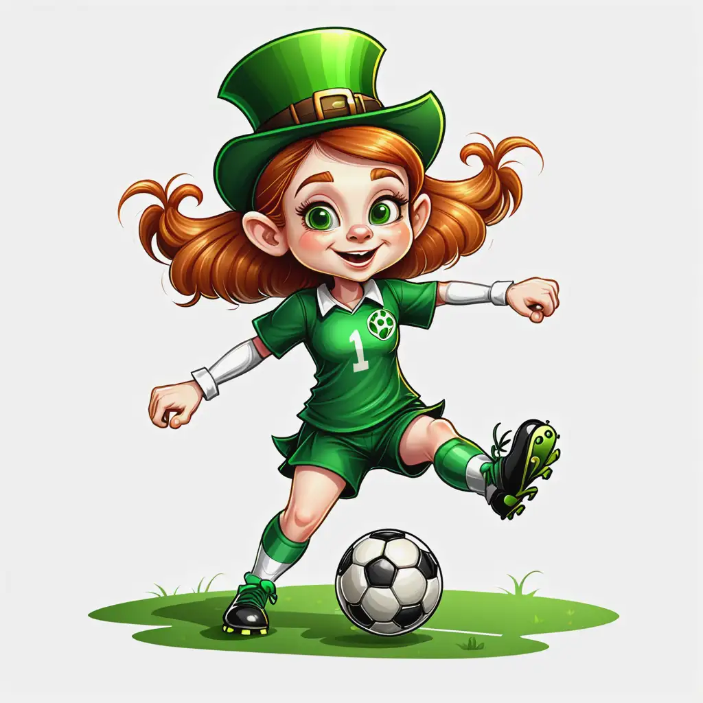 cartoon style, young girl leprechaun playing soccer, transparent background