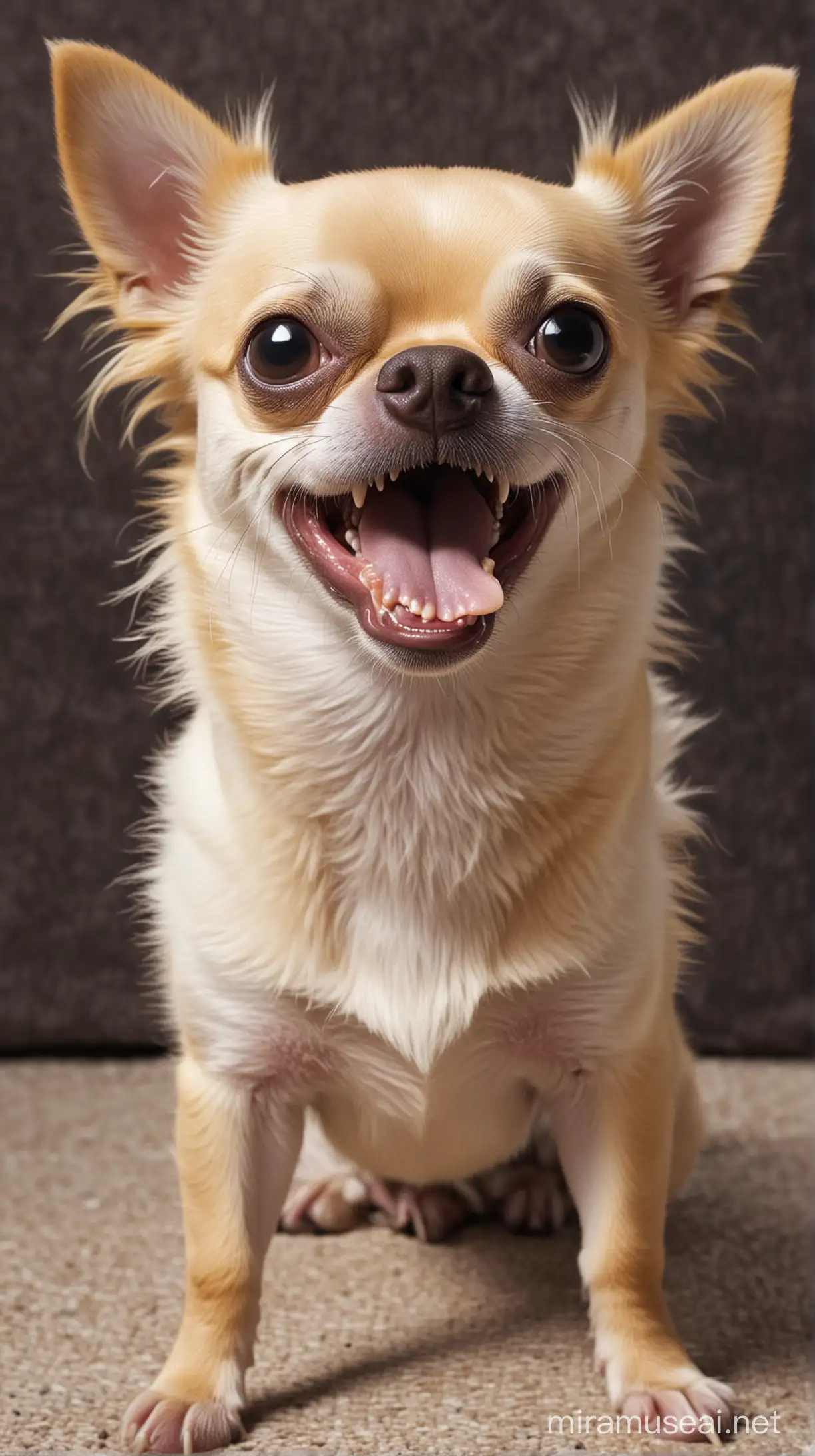 Generate fancy image of chihuahua having millions of teeths exactly like venom