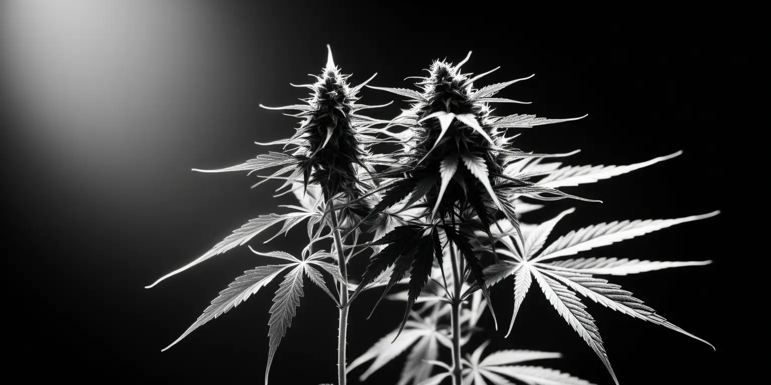 studio photograph featuring cannabis plant (to right of frame).  beautiful image. Black and white. Artistic detail. 