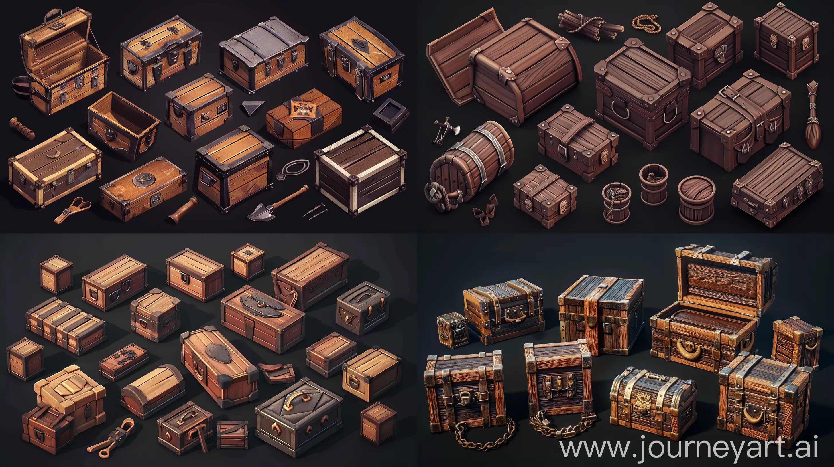 isometric set of realistic jewelry wooden boxes set in style of made in blender 3d game assets, isometric set :: black background --ar 16:9