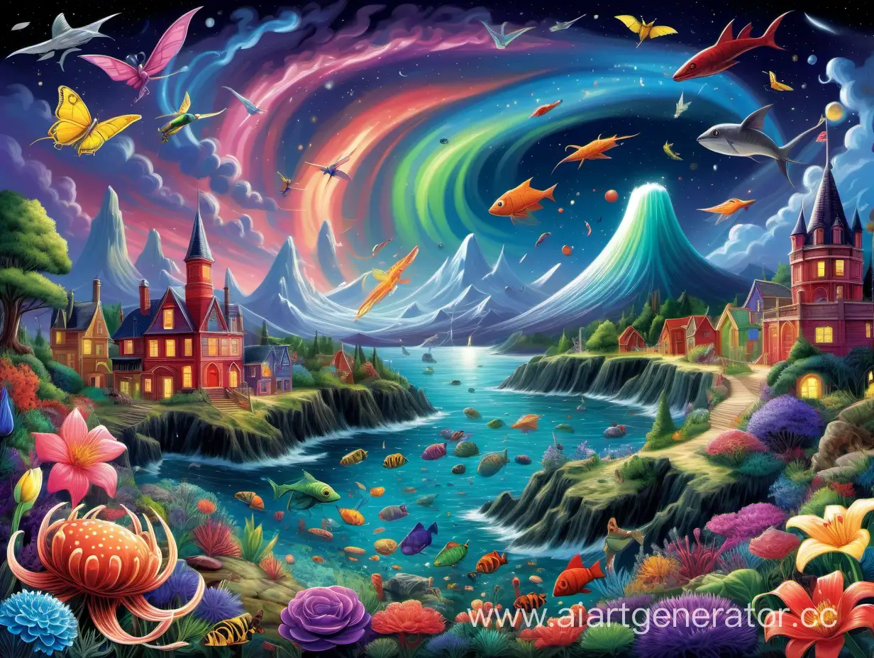 Enchanting-Night-Sky-with-Northern-Lights-Colorful-Planets-and-Underwater-Coral-Reef-Community