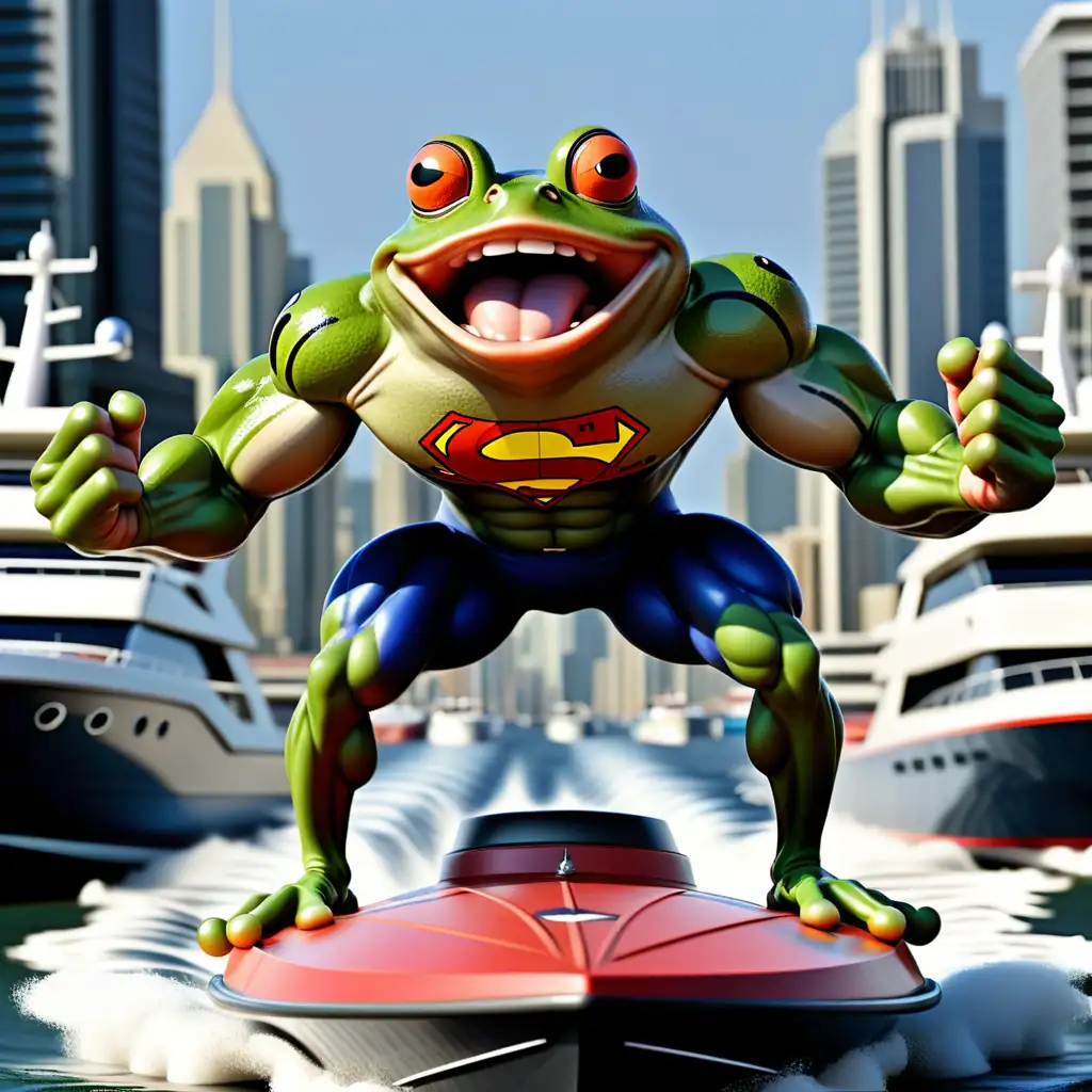 Muscular Frog Superhero Poses on Speeding Boat