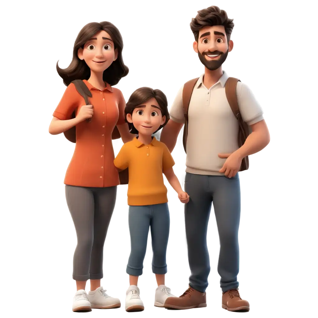 cartoon 3d, parents and a  little child