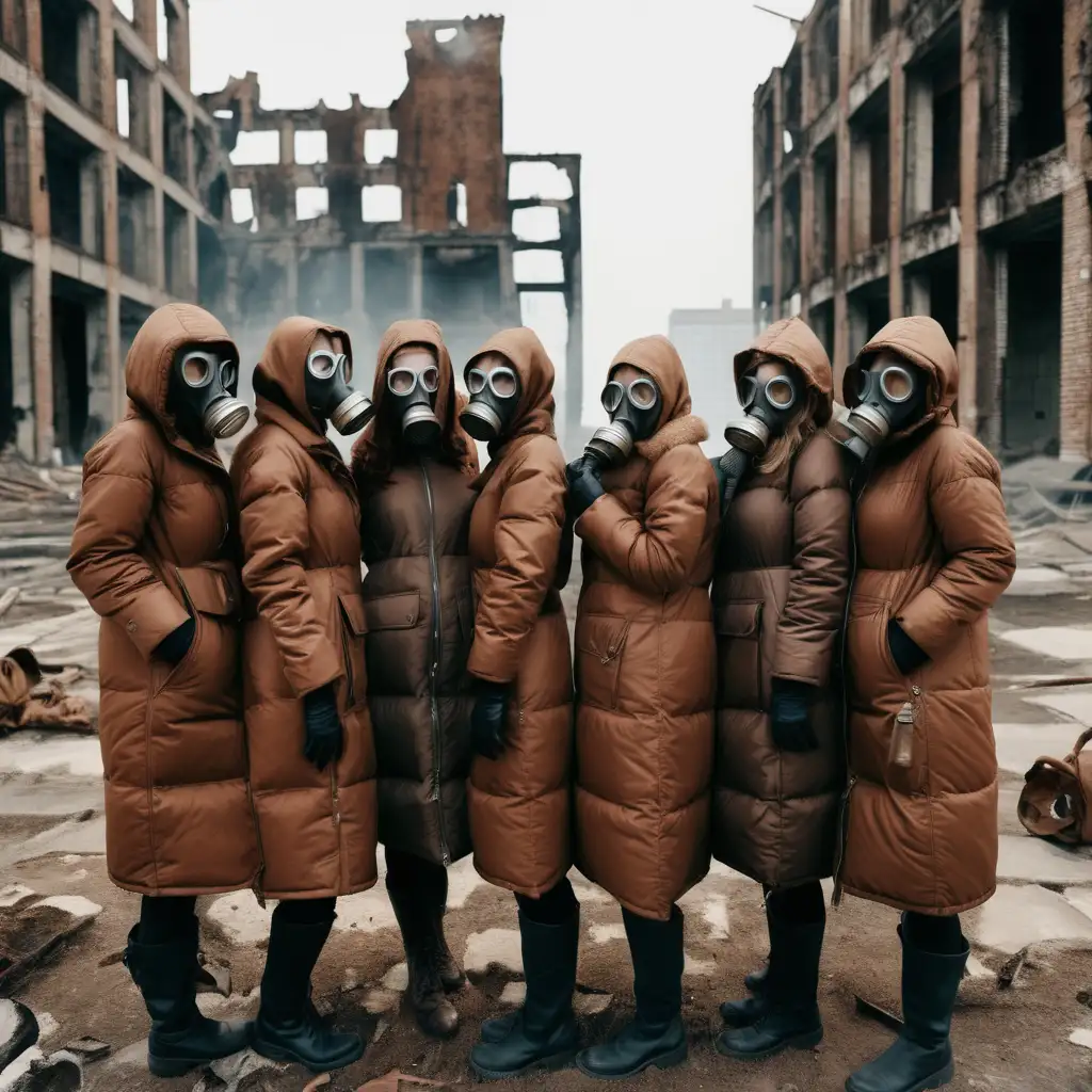 five women, with long nails, wearing long brown down jacket and rusted gas masks, city ruins, day