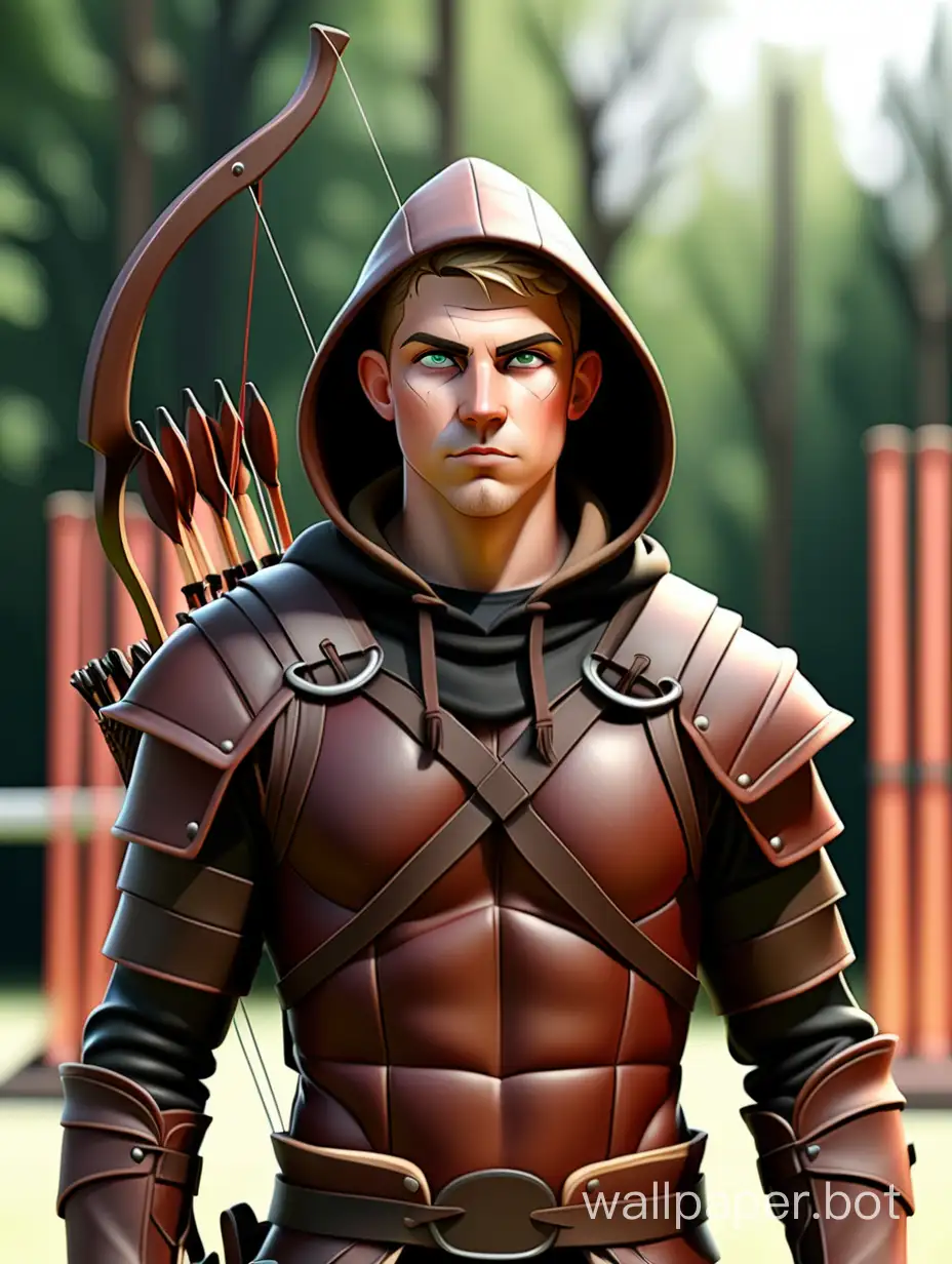 Male archer in leather armor with a hood
Full height
Against the backdrop of an archery range of archers