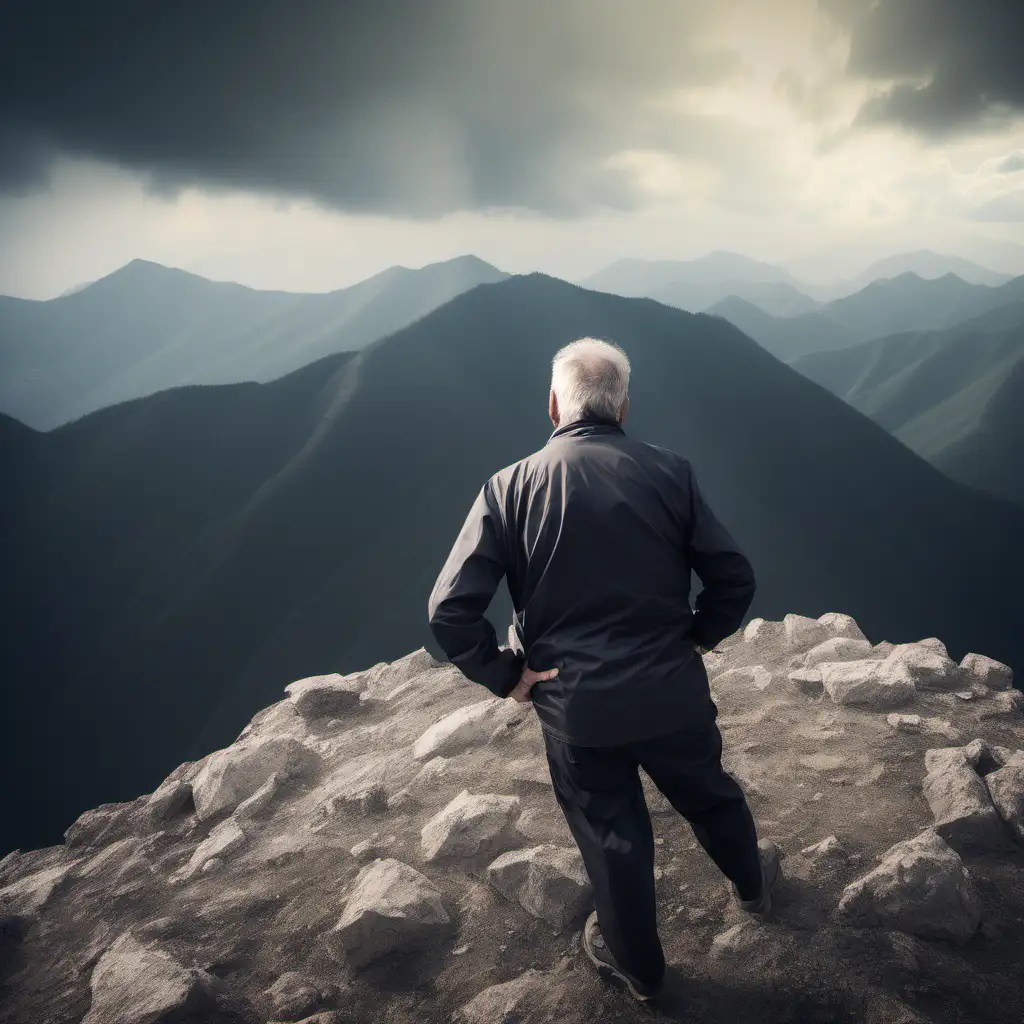 Courageous Elderly Man Conquering Majestic Mountain Peak