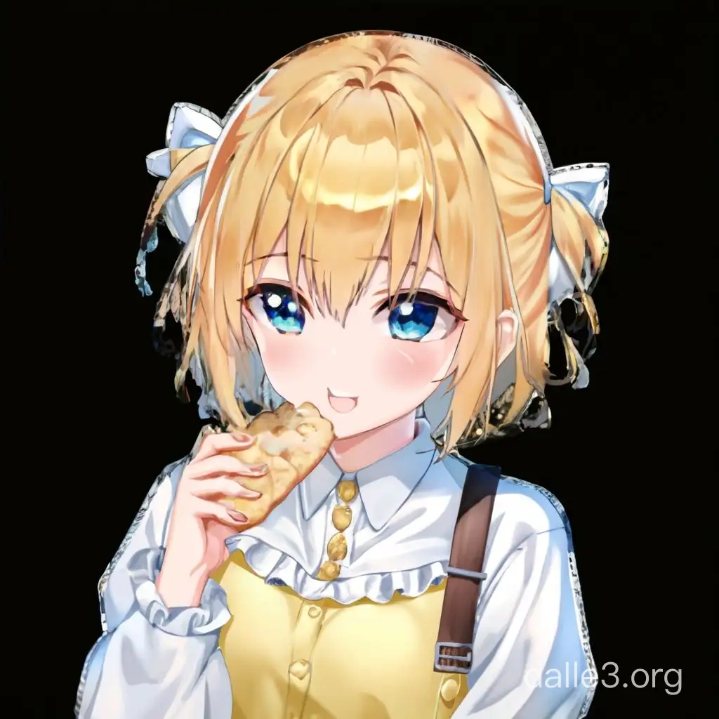 create a white anime girl, with yellow hair, in yellow blouse, on png background, who eats a small milk slice of biscuit