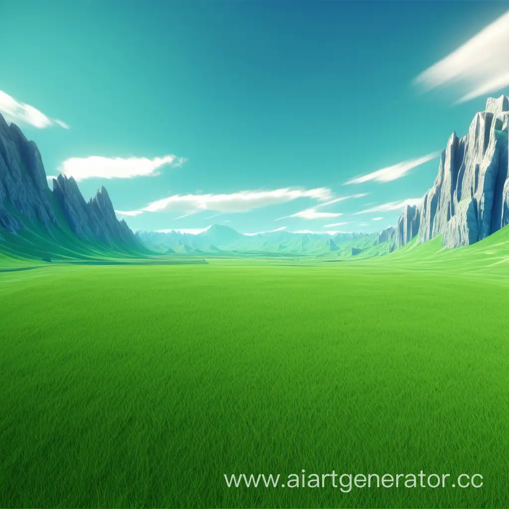 Паралельный мир с зеленой травой, синим небом, в далеке виднеются зеелные луга и горы