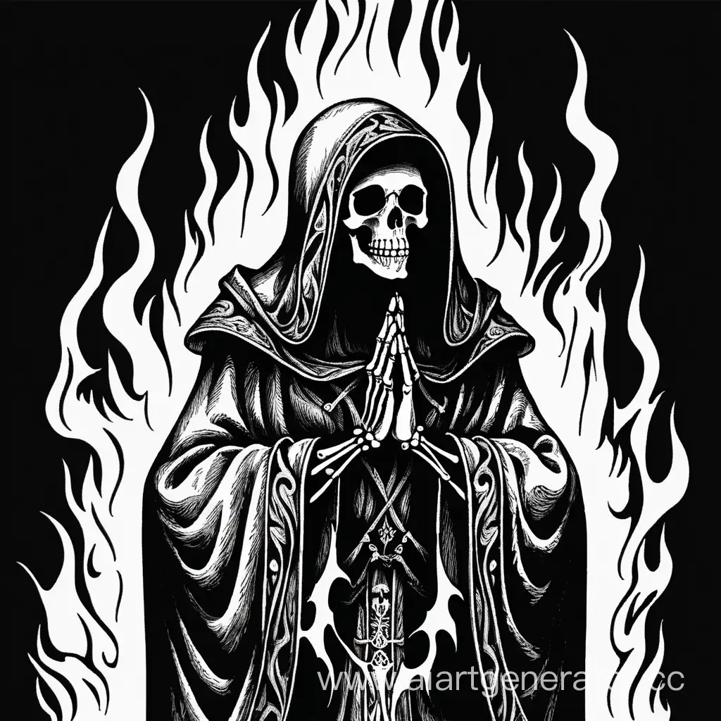 Рисунок скелета-смерти в мантии, в огне, которая молится, используй только чёрные и белые цвета 