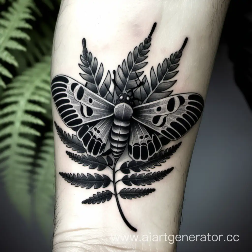 black-gray tattoo on arm from the elbow to the hand. Let there be some kind of scary  small moth on a big fern. 