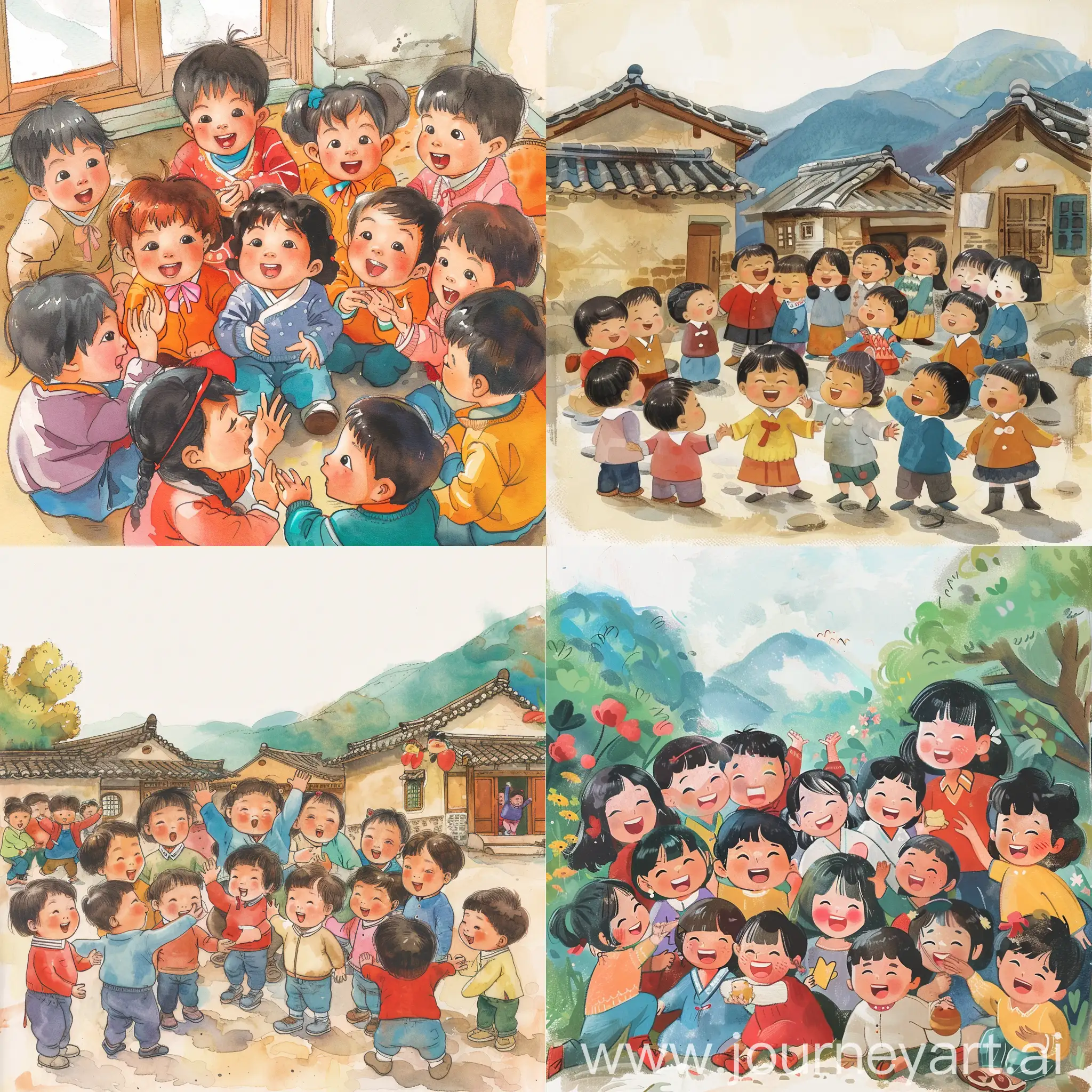 a children's storybook image with korea children gathered together and being positive