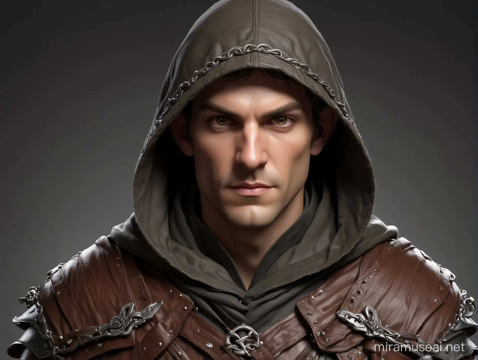 high resolution, photo realistic, Dungeons and Dragons style male elf, middle-aged, with high cheekbones, a strong jaw, stubble, pointed elf ears (partially hidden by the hood), pale skin, and long dark hair, held back by woven leather headband. He has amber-colored eyes. Medieval fantasy-style leather armor, with chainmail underneath. lots of straps, pouches, potions. a mix of a Wizard, warrior, and thief. he is wearing a hooded cloak, hood up, the cloak flares behind him. full body image, slightly turned away from the camera.