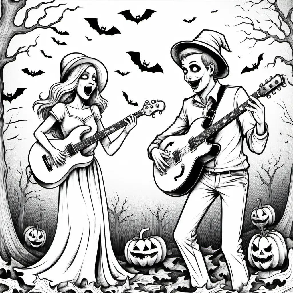 simple black and white picture of young man and woman playing in Halloween band, for coloring