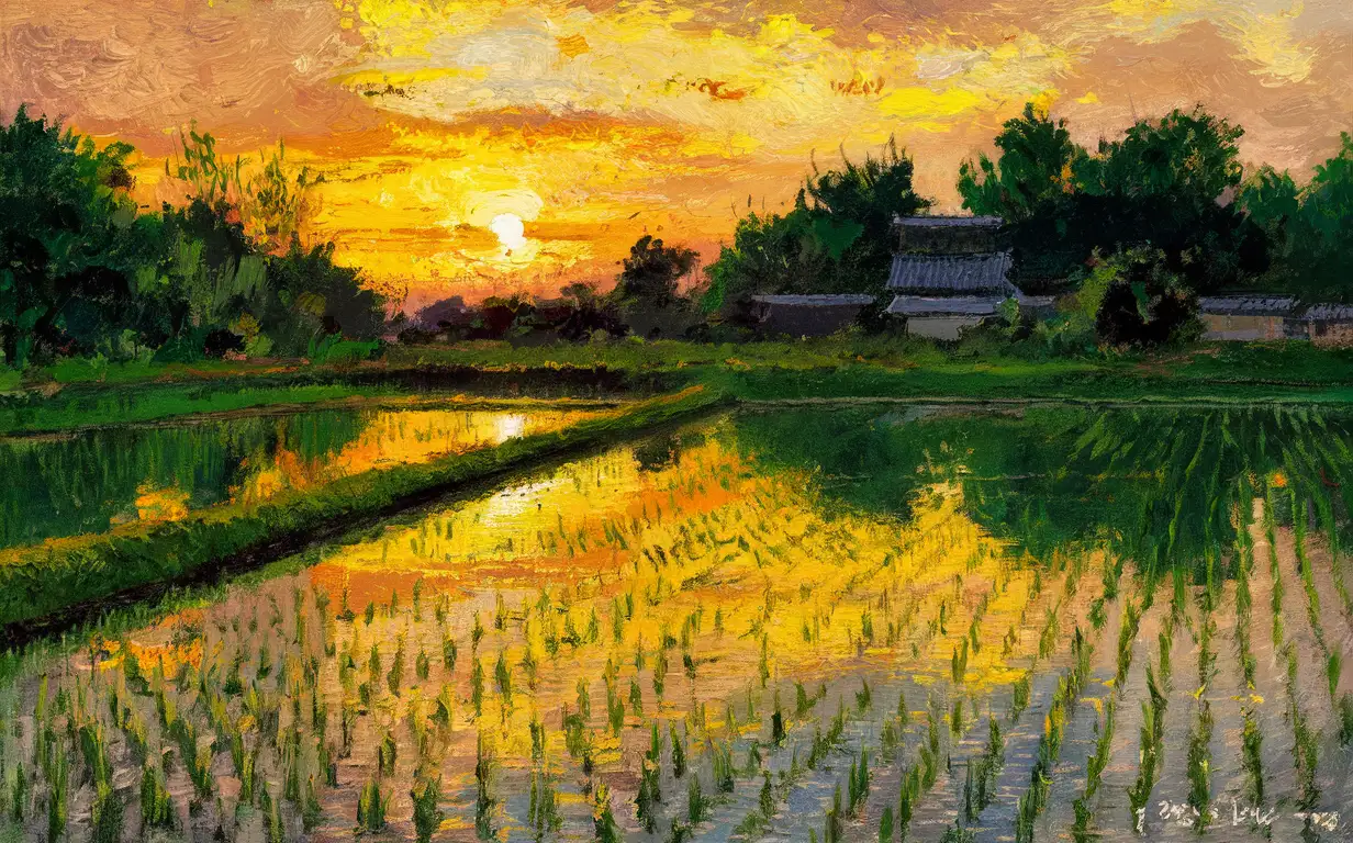 A sunset by the rice field scenery painting in van Gogh artstyle 