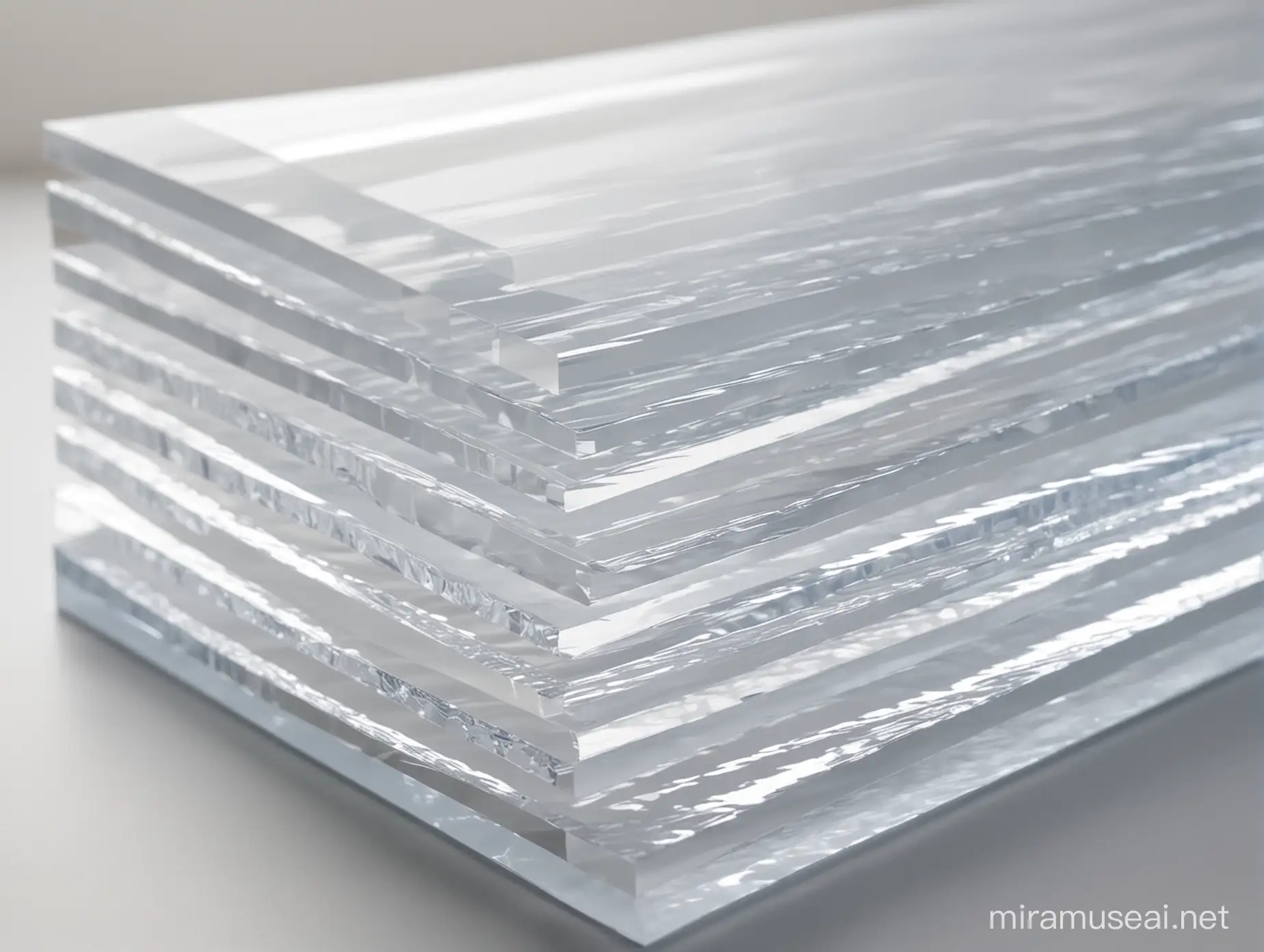 Acrylic sheets, stacked on top of each other in layers, side view, with certain intervals, each acrylic sheet has a different shape.