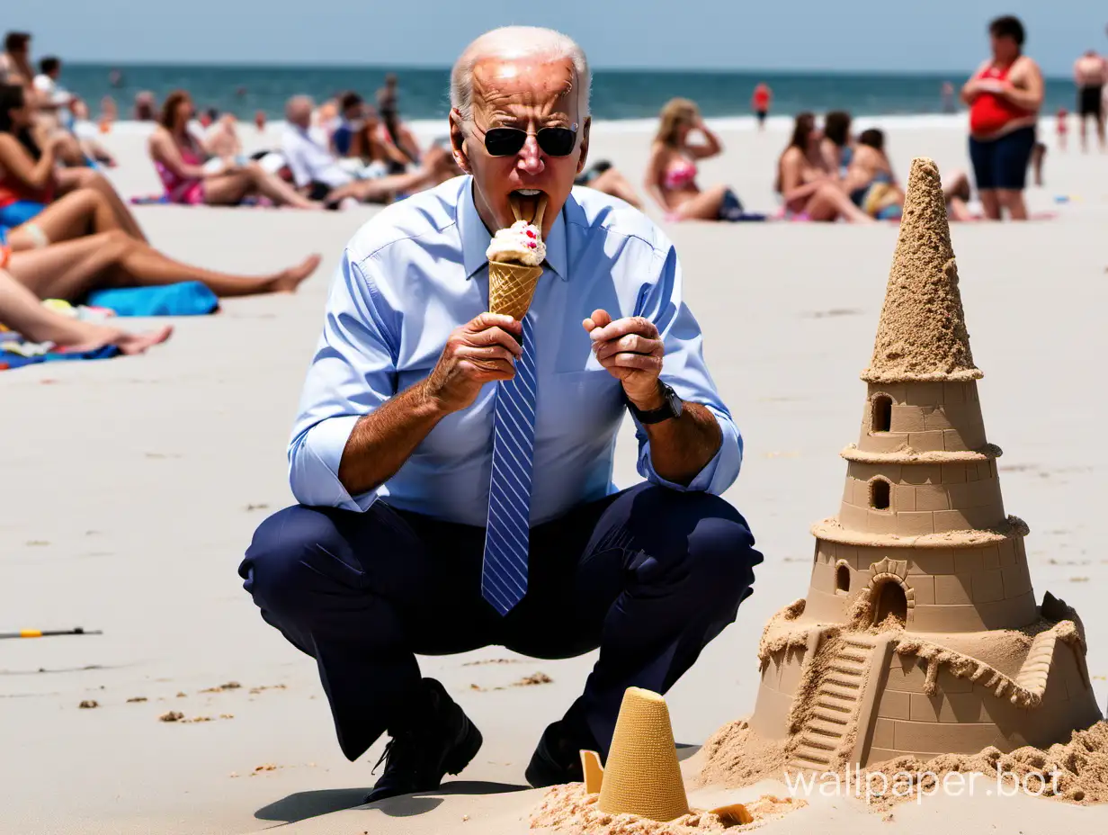 Joe Biden eating an ice cream cone next to a sandcastle on the beach.