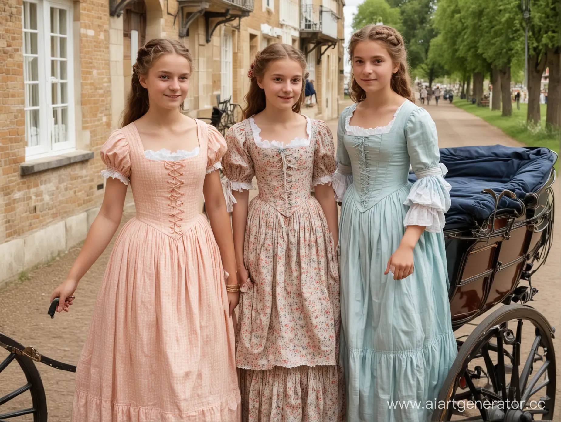 Three-Young-Women-in-Sundresses-by-a-17th-Century-Landau-Carriage