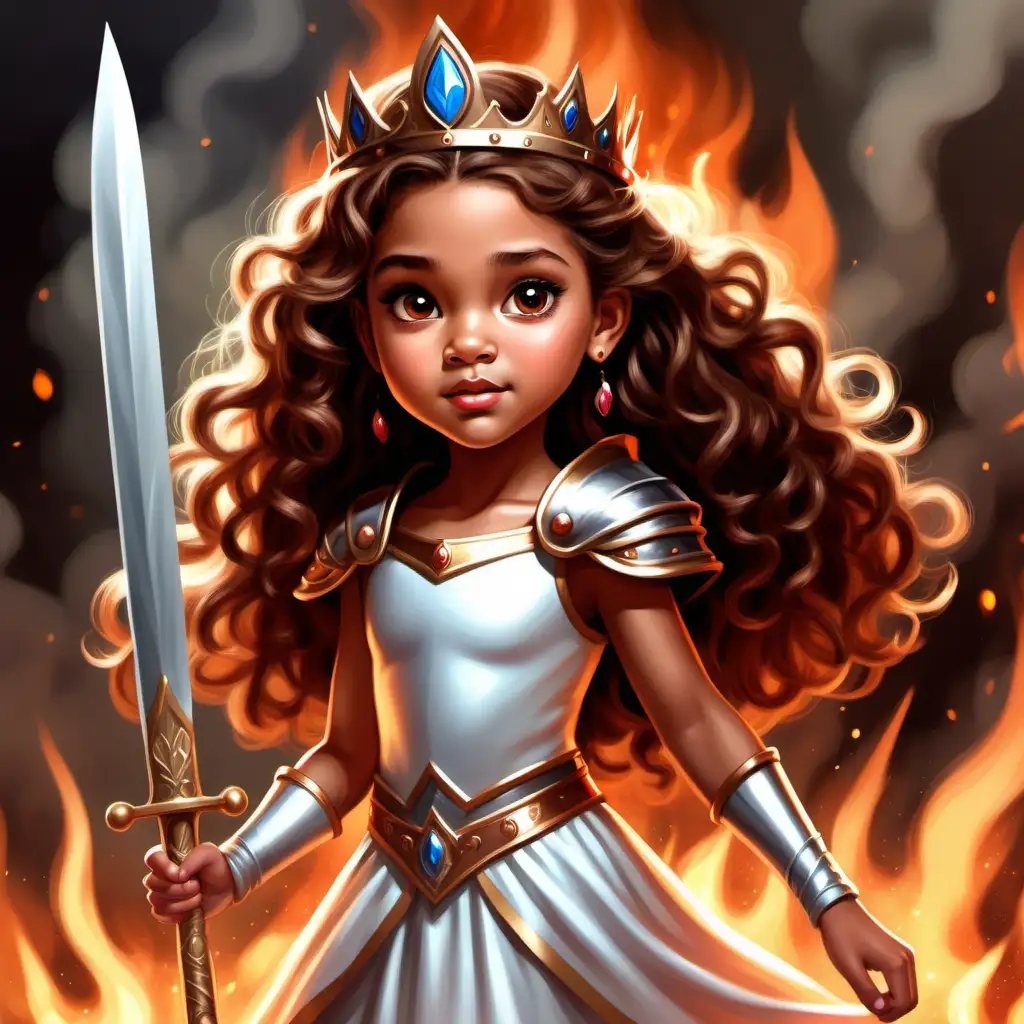 Adorable Princess Warrior with Fiery Determination in a Charming Childrens Book Illustration