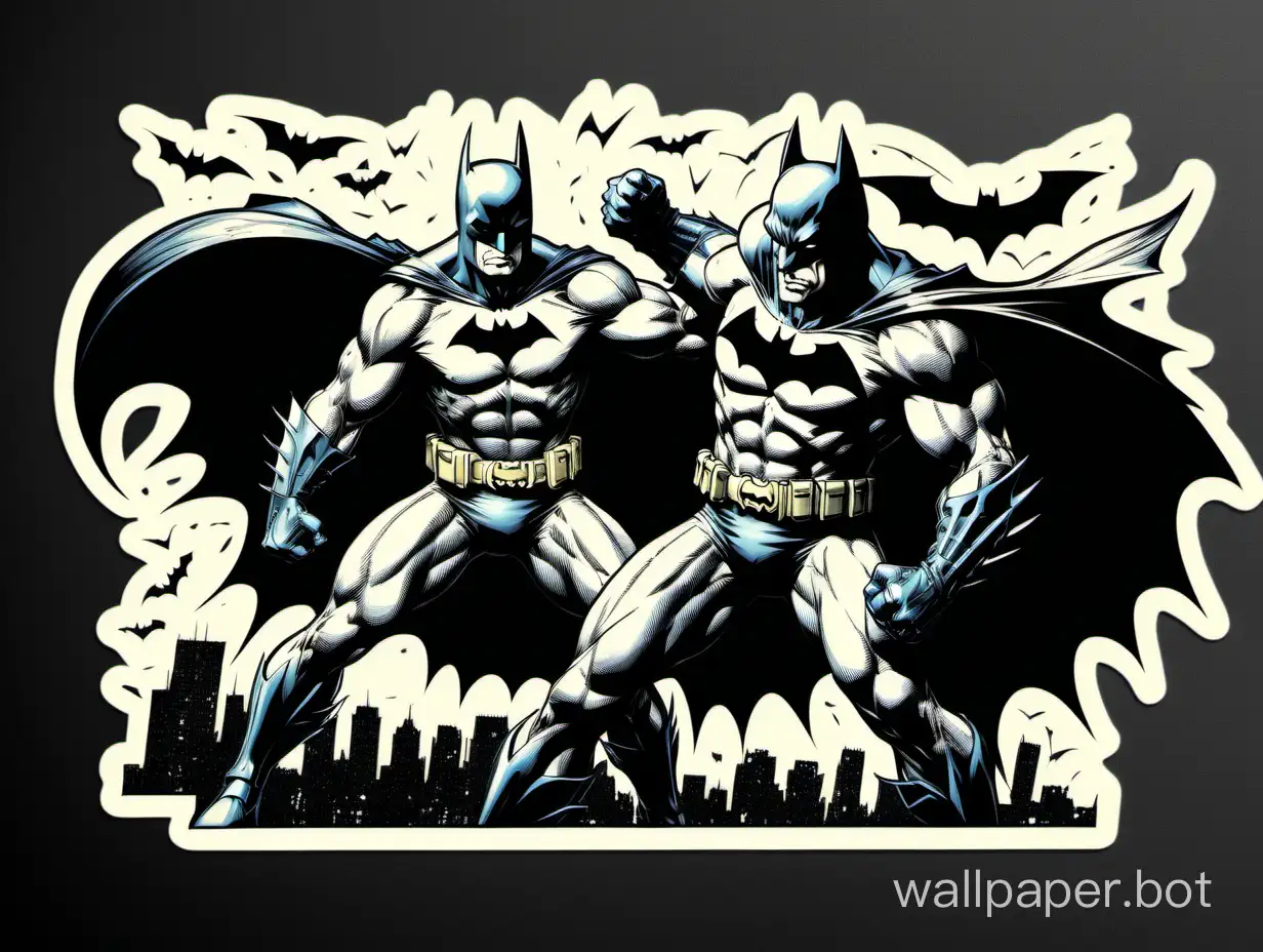 batman against wolverine, fight position, Frank Miller style,  hyper detailed drawing style, monochromatic, black glitch bats, vintage style, drawing, darkness, sticker art