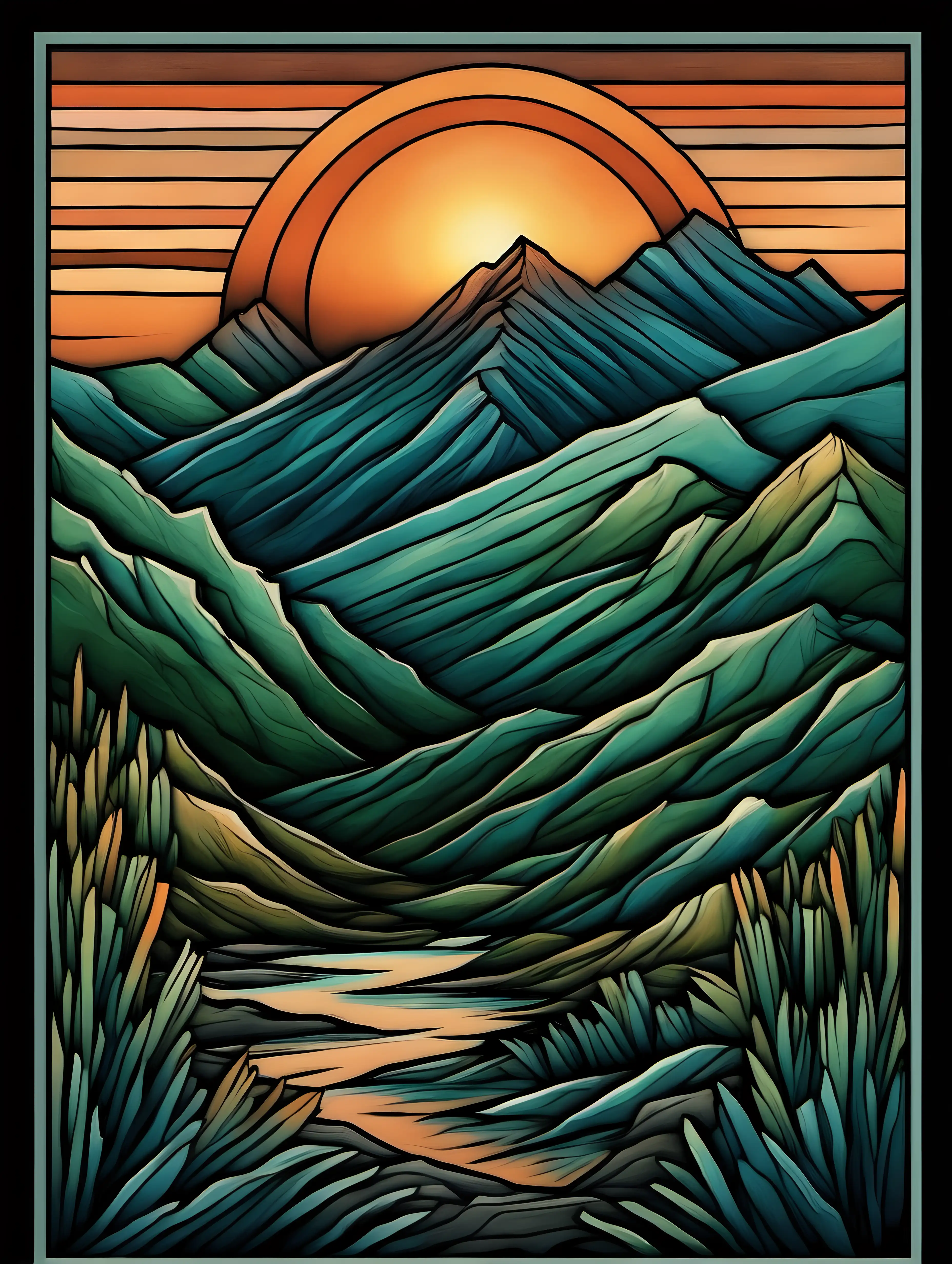 Mountain image, greens, teals, blues, blacks and muted orange for sunset and sunrise, black border

