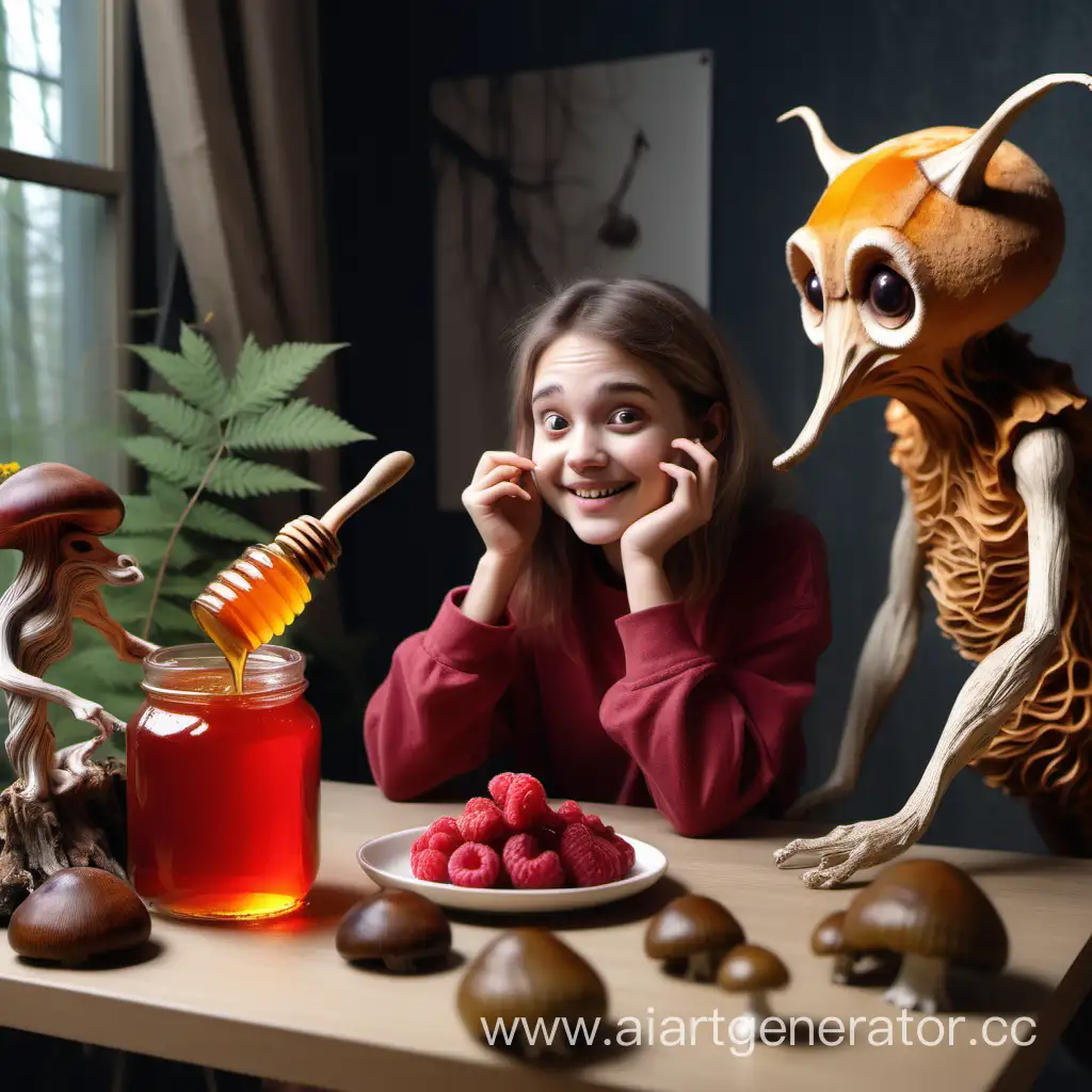 Young-Womans-Delightful-Encounter-with-Forest-Creature-Over-Honey-and-Jam