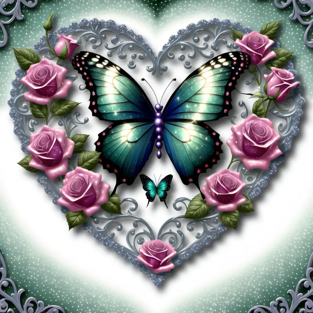 Enchanting Heartshaped Butterfly Rose in Glittering Thomas Kinkade Style