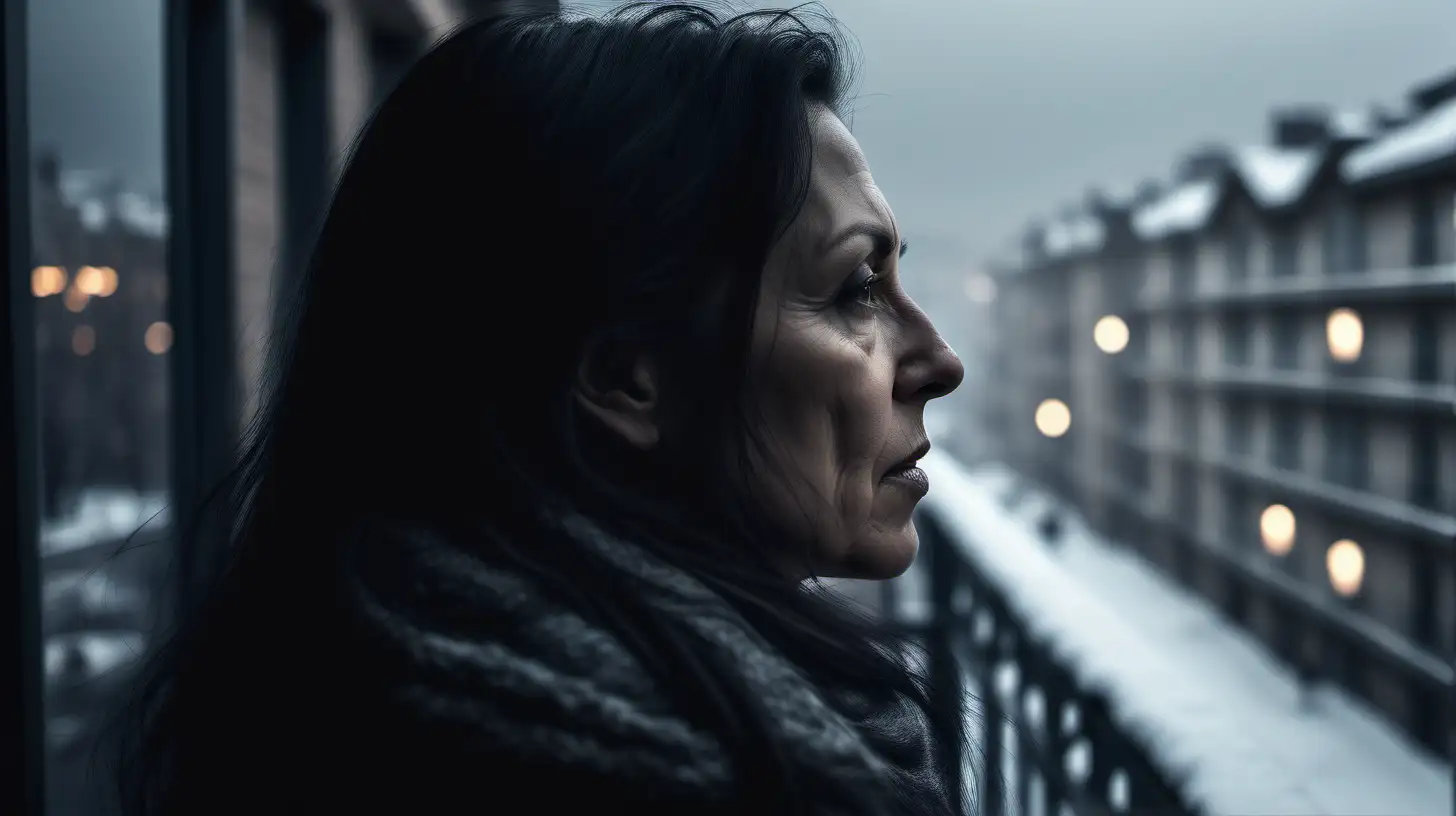 Moody portrait of a photorealistic mid age woman, dark long hair, winter, cold, balcony scene, side view, blurred urban background, cinematic and beautiful mood, high resolution, 4K