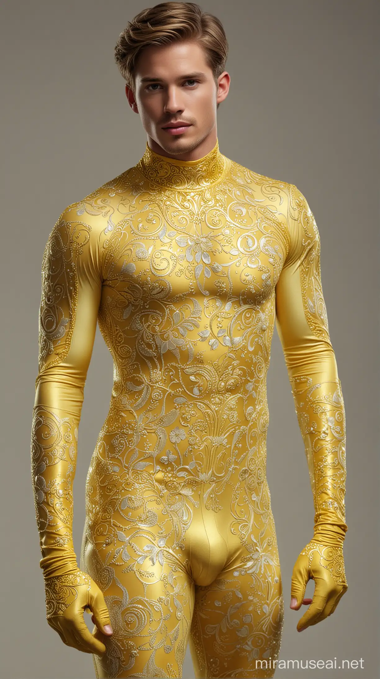  Full full body photorealistic ultra realism high definition aesthetic stabilized diffusion picture of handsome hunky fractal bulge clean shaven Drew Van Acker as celestial Chun, wearing yellow swirls filigree sparkling biomorphic transparent overall tight fit spandex and gloves. standing in with hand on the hips.