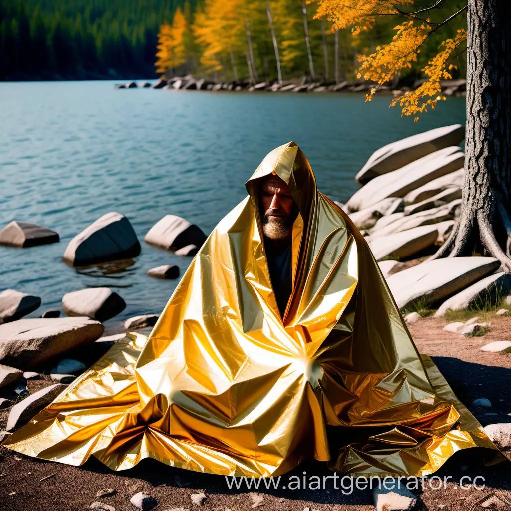 Tranquil-Man-Wrapped-in-Shiny-Gold-Survival-Blanket-by-the-Lakeshore