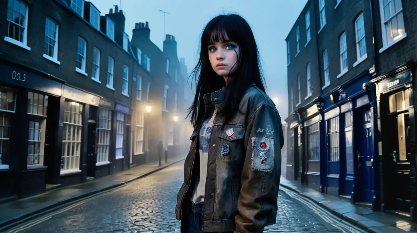 Create a movie image from the following: A 17 year old girl dressed in Junker jacket, Junker pants, long black hair, blue eyes, dirty face, standing in foggy, moonlit, deserted cobblestone street in London. 