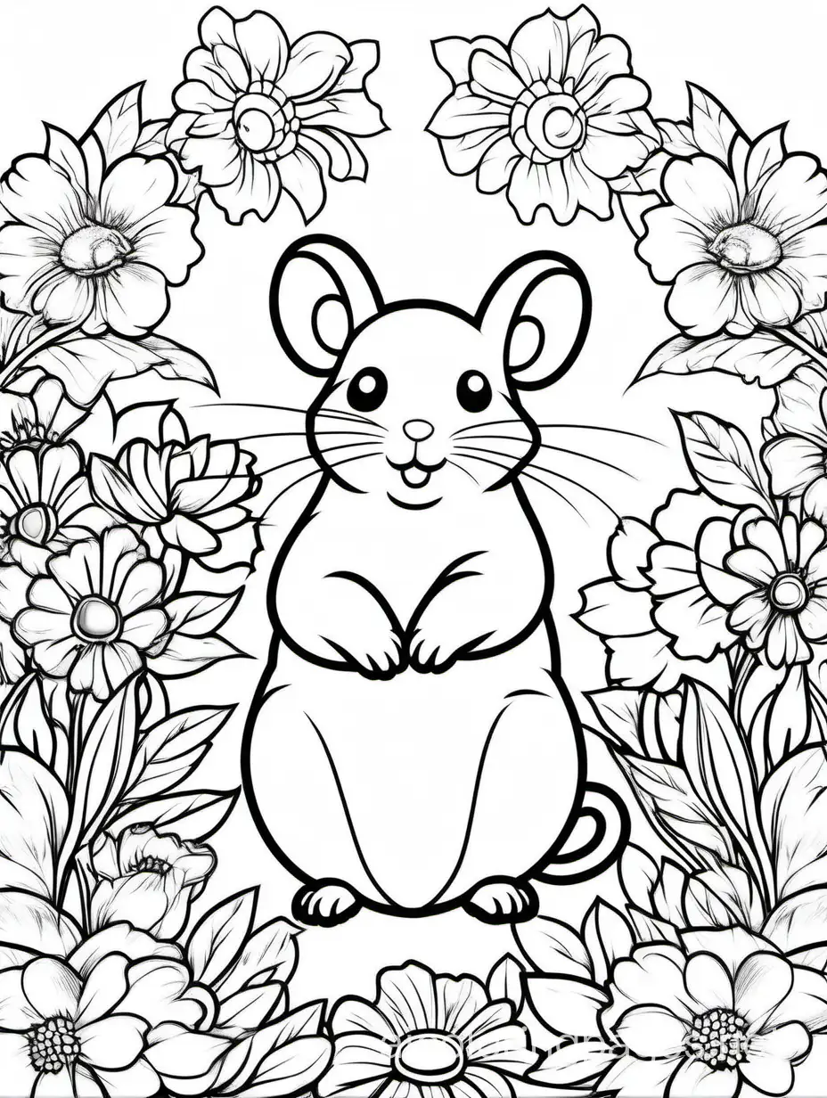 hamster in flowers for adults for women, Coloring Page, black and white, line art, white background, Simplicity, Ample White Space. The background of the coloring page is plain white to make it easy for young children to color within the lines. The outlines of all the subjects are easy to distinguish, making it simple for kids to color without too much difficulty, Coloring Page, black and white, line art, white background, Simplicity, Ample White Space. The background of the coloring page is plain white to make it easy for young children to color within the lines. The outlines of all the subjects are easy to distinguish, making it simple for kids to color without too much difficulty