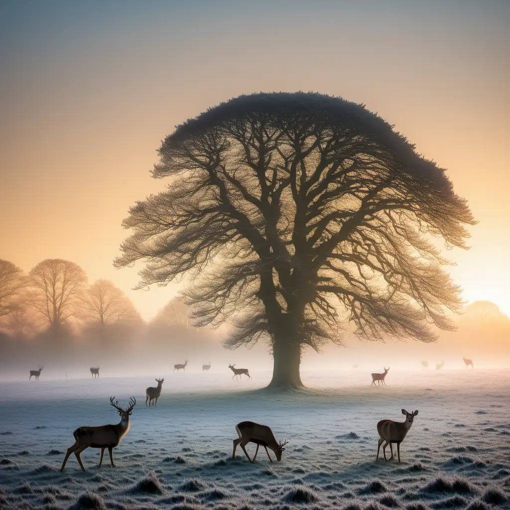 Majestic Solitude Lone Tree in Frosty British Countryside at Sunrise with Running Deers