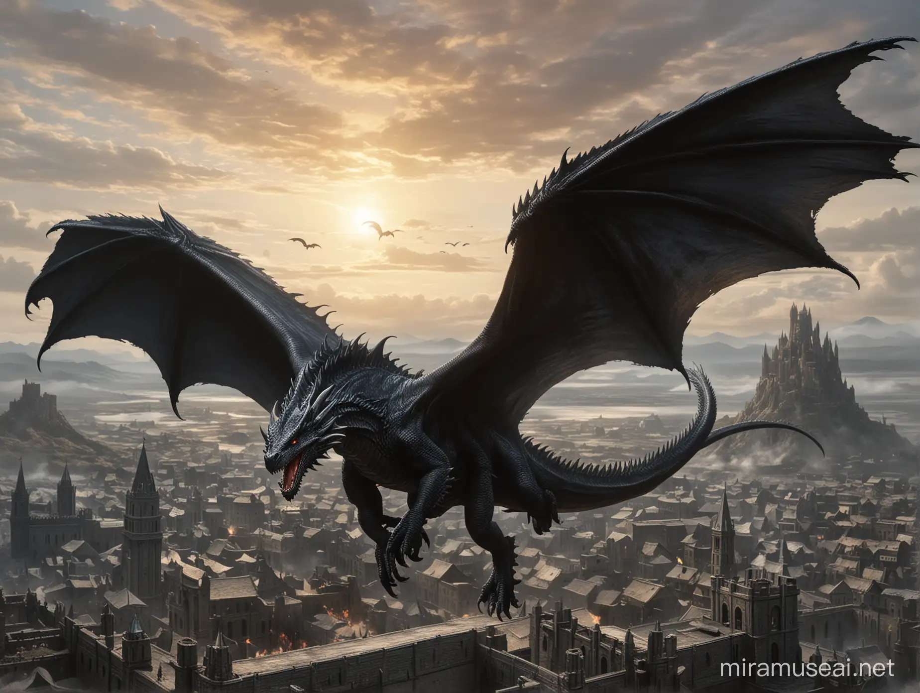 balerion the black wrath. the biggest dragon that ever existed. huge, black with a long tail and huge wings. dragon is as big as a medieval town that he flying above.