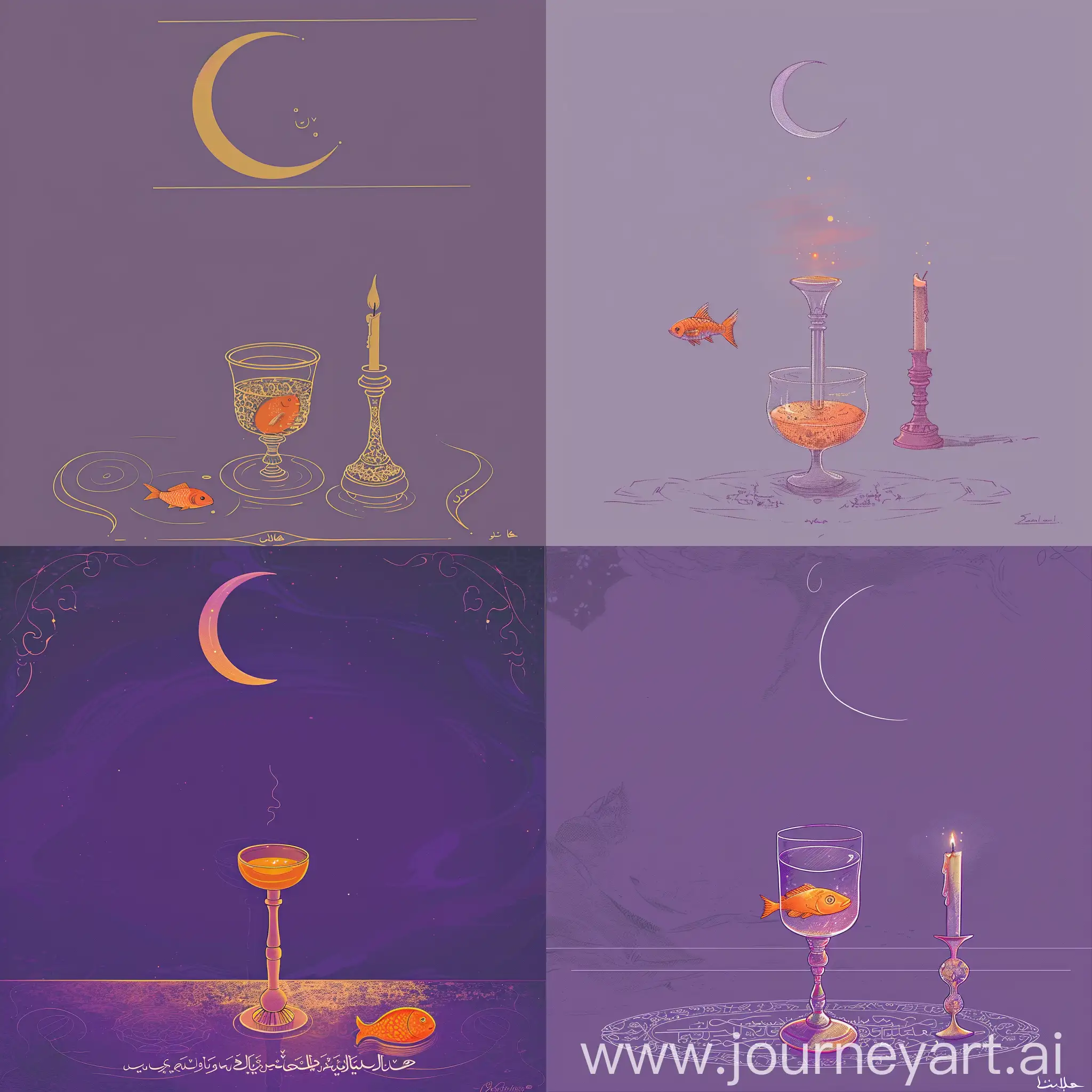 Iranian-Candlestick-with-Orange-Fish-and-Crescent-Moon-on-Purple-Background