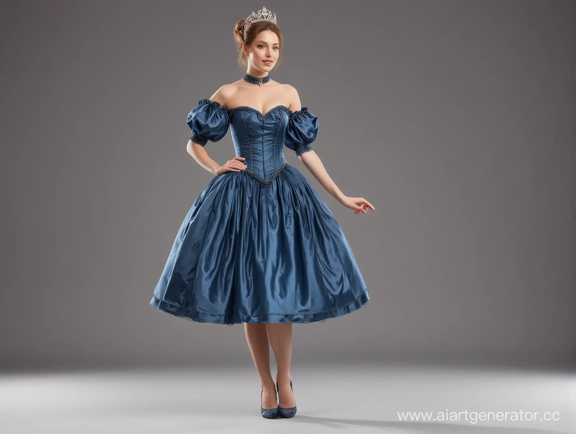 Elegant-Queen-in-Blue-Satin-Dress-with-Steel-Corset-and-Collar
