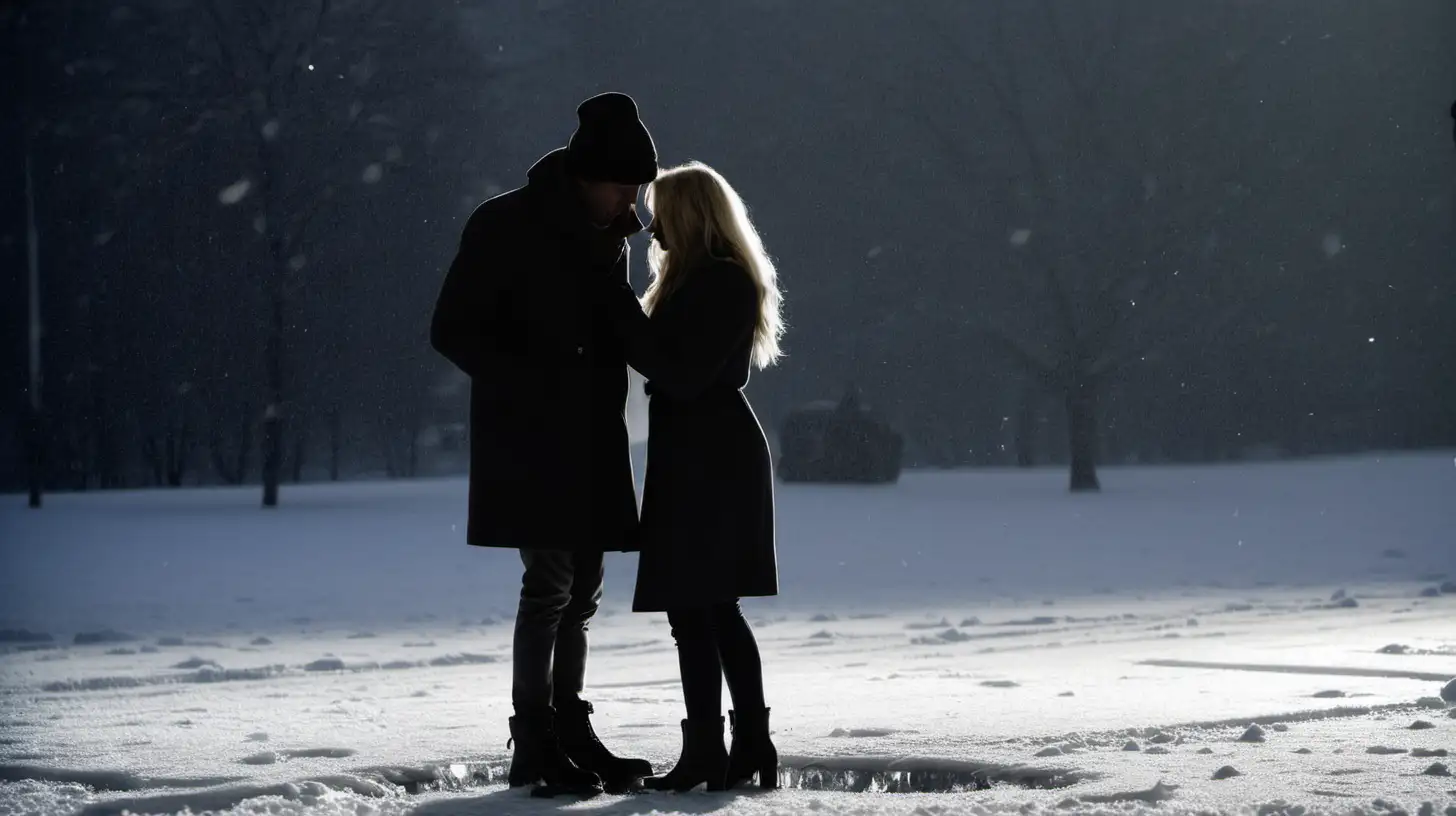 Emotional Winter Silhouette Couple in Hats on Slippery Icy Ground in Berlin