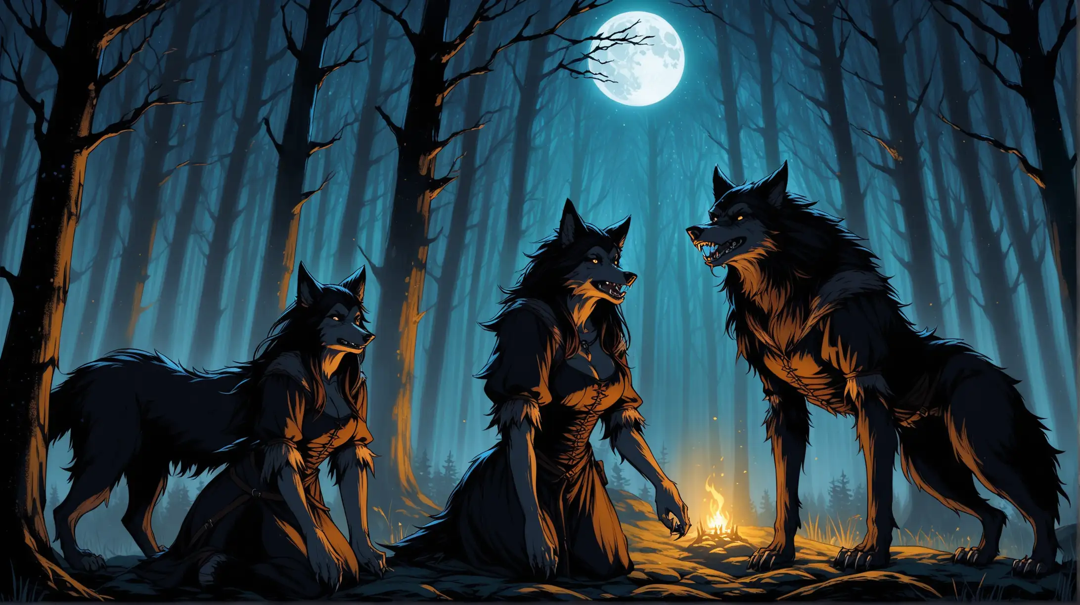 female werewolves, animal form, European forest, night, Medieval fantasy