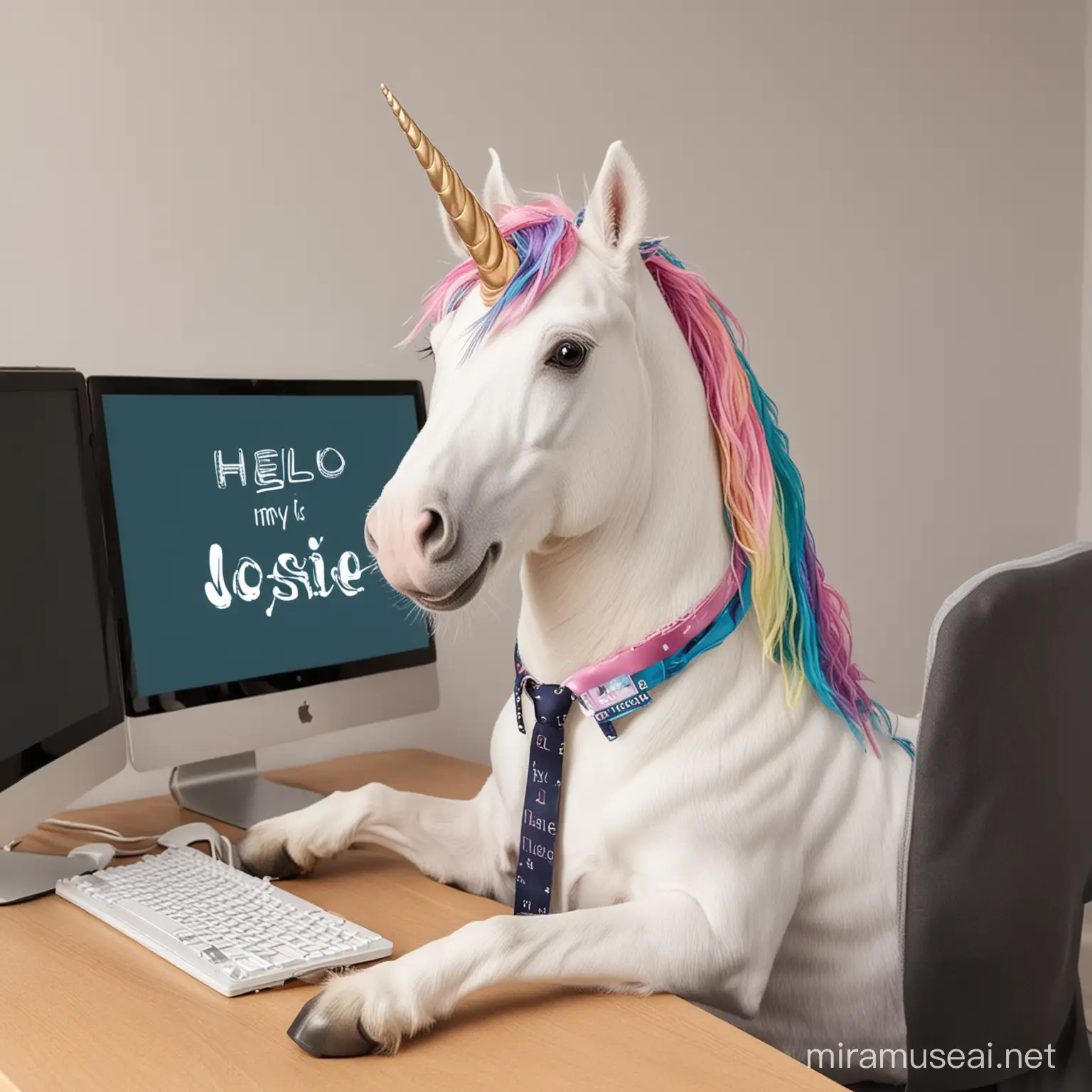 unicorn wearing tie working on computer at desk with name tag that says "Hello my name is josie