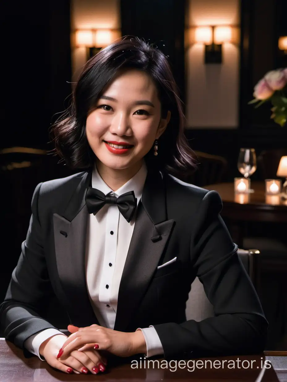 A giggling Chinese woman with shoulder-length black hair and lipstick is sitting at a table in a dark room. She is facing forward. She is wearing a tuxedo over a white shirt with a black bow tie and black cufflinks and (black pants).
