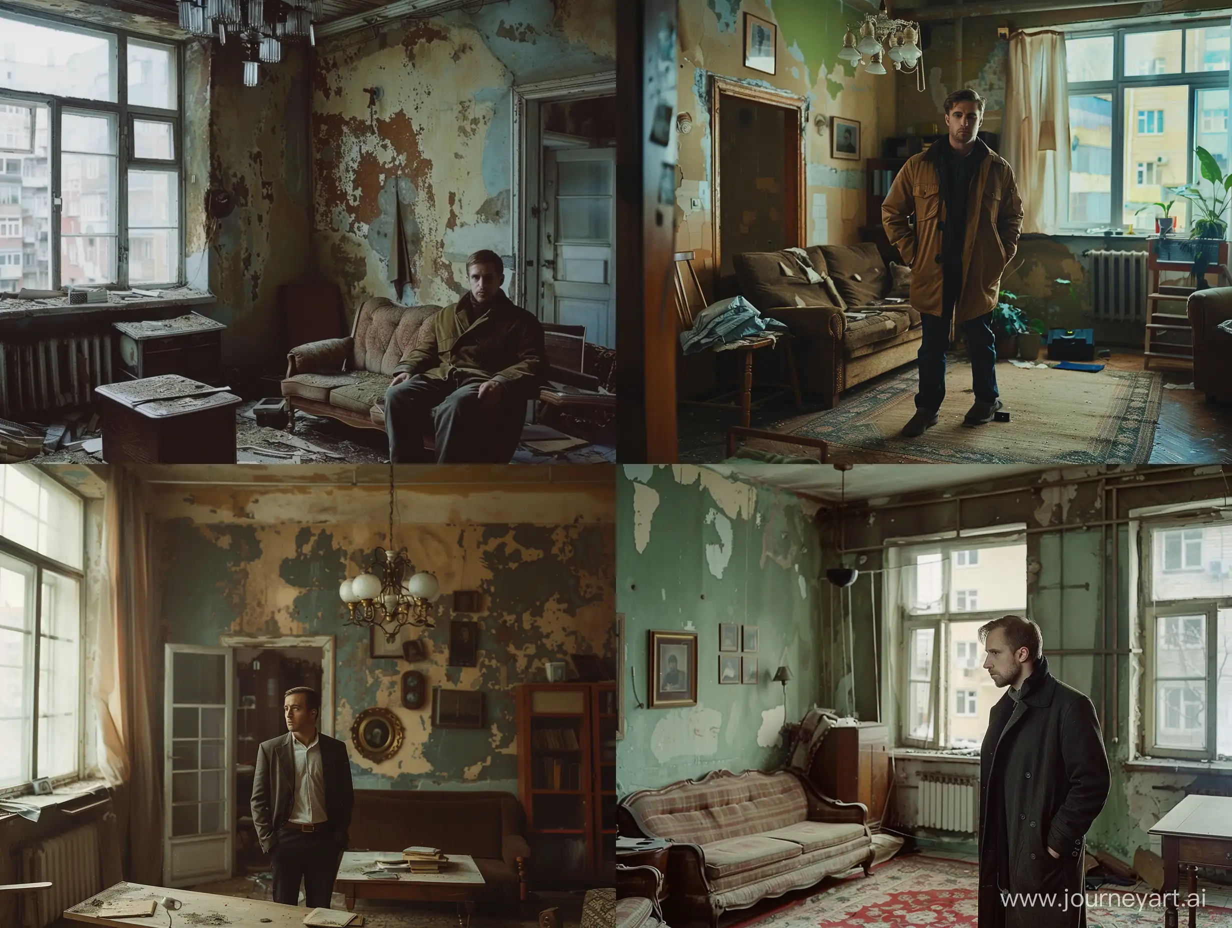 Ryan Gosling in an old Soviet apartment, style 70 photography, cinematic, old movie shot --v 6 --ar 4:3 --no 41822