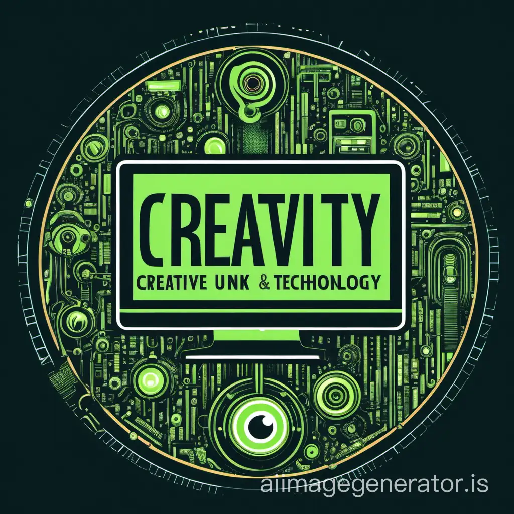Cyber punk Logo of a community of people engaged in providing services using artificial intelligence: "Union of Creativity and Technology" Logo elements: - At the center of the logo is a circle of a camera lens, symbolizing focus and attention to detail. - Inside the circle is a laptop with a running 'matrix' of green characters on a black background on the monitor, and also in the foreground, one can see a writer's pen crossing with an artist's brush, representing the creative process and content. - In the background, there is a neural network symbolizing the use of artificial intelligence in work. - The color palette includes warm tones for the goose feather and brush, as well as cool shades for the neural network, creating a harmonious combination of creativity and technology. - The logo should be stylized, modern, and easily recognizable, conveying the idea of innovations and quality services provided by the community. In the far background, there is a neural network permeating space