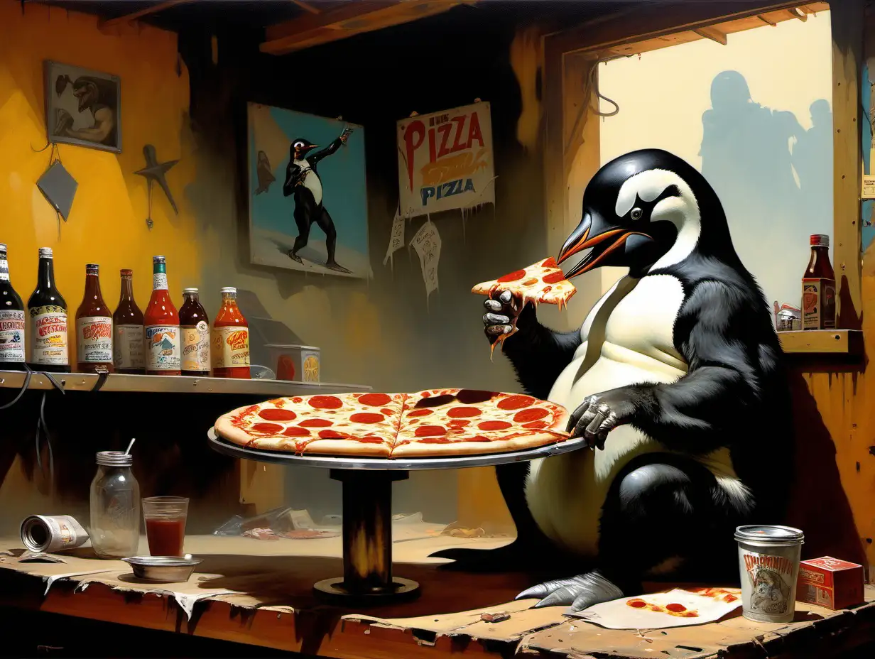 Penguin Enjoying Pizza in a Juke Joint Frank Frazetta Inspired Art