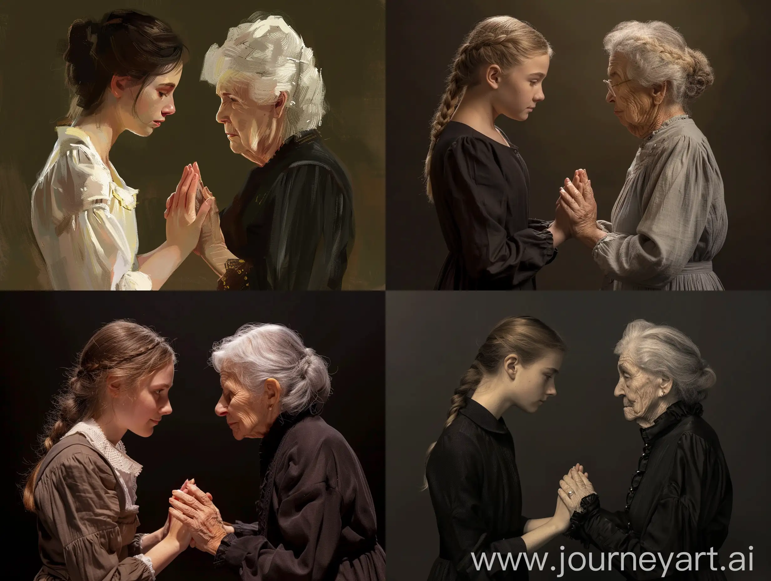 Create an image of 17-year-old Elizabeth Elliot, praying with the elderly Mrs. Cunningham, facing each other holding hands. create them with European ethnic characteristics.