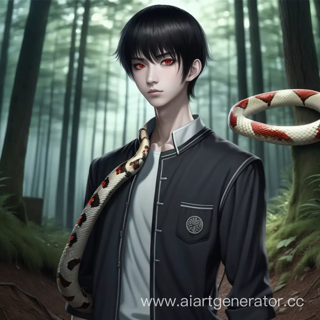 Mysterious-Anime-Character-with-SnakeLike-Features-Stands-Near-Forest-Bunker